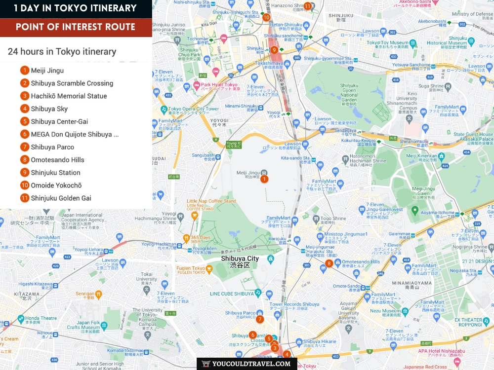1 day in Tokyo itinerary - a map with all points of interest highlighted