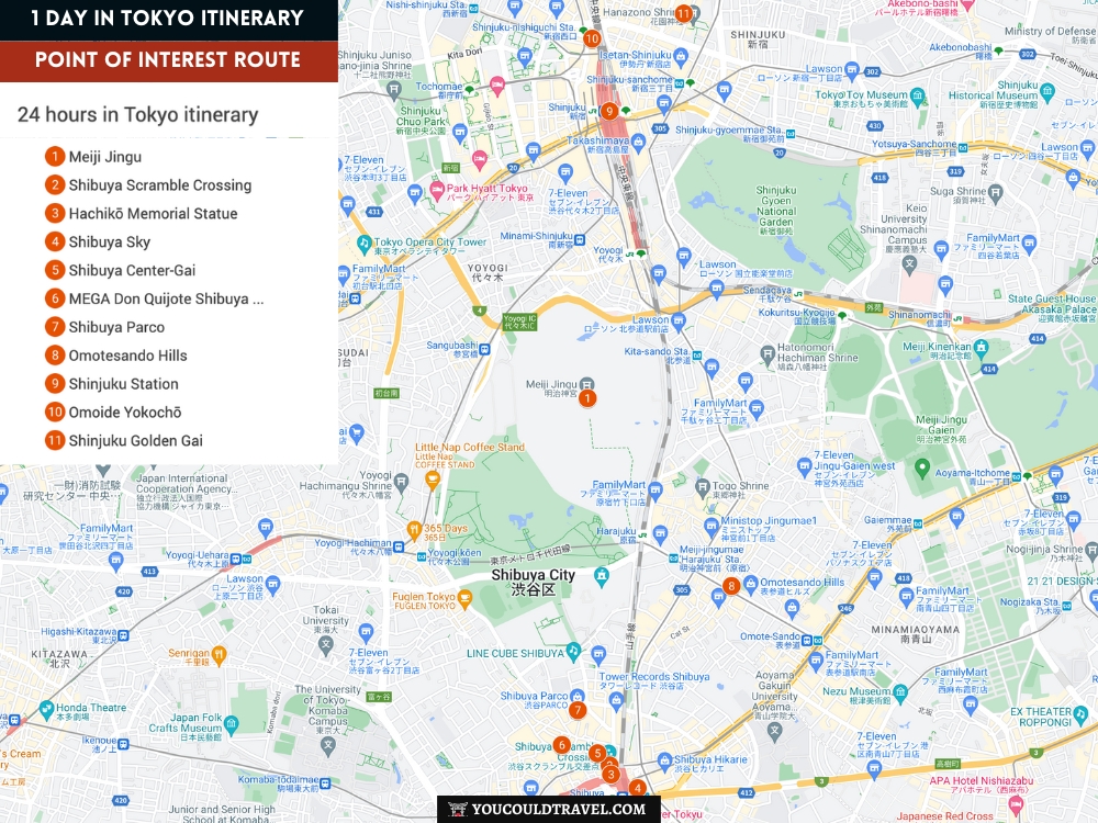 1 day in Tokyo itinerary 1 day in Tokyo itinerary - a map with all points of interest highlighted