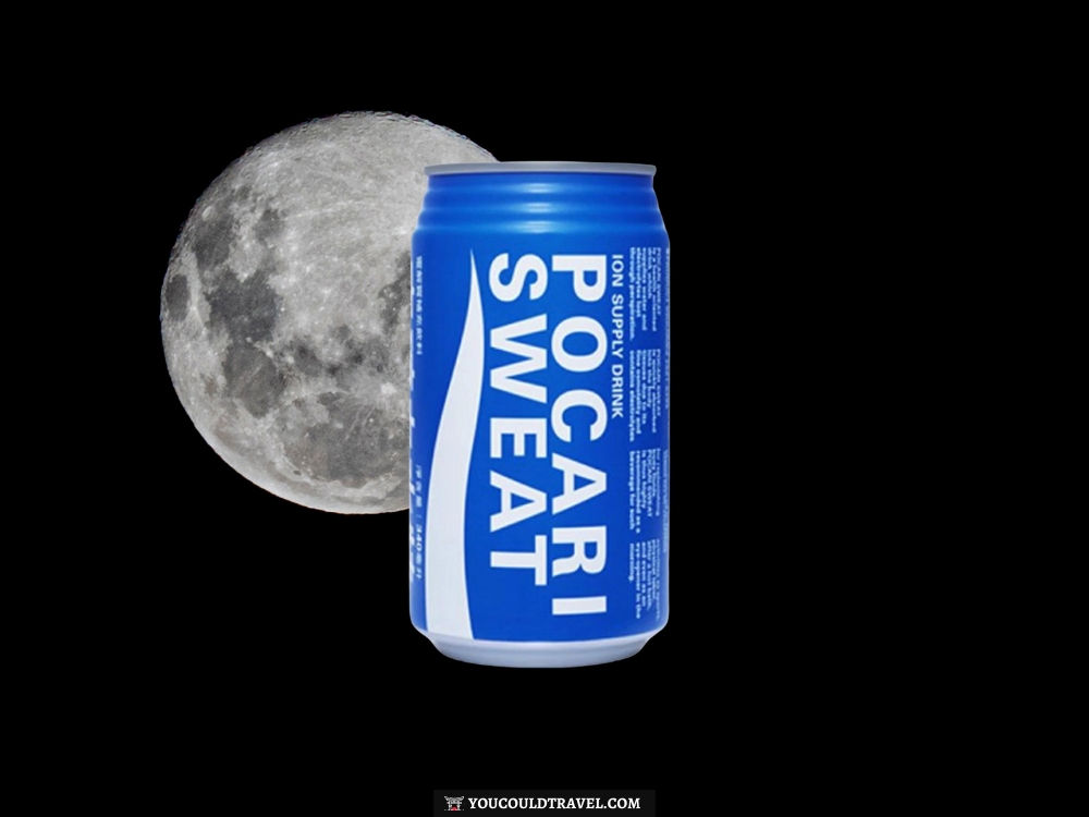 A can of Pocari Sweat with the moon in the background