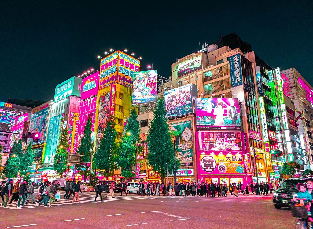 Akihabara at night, neon lights and shops