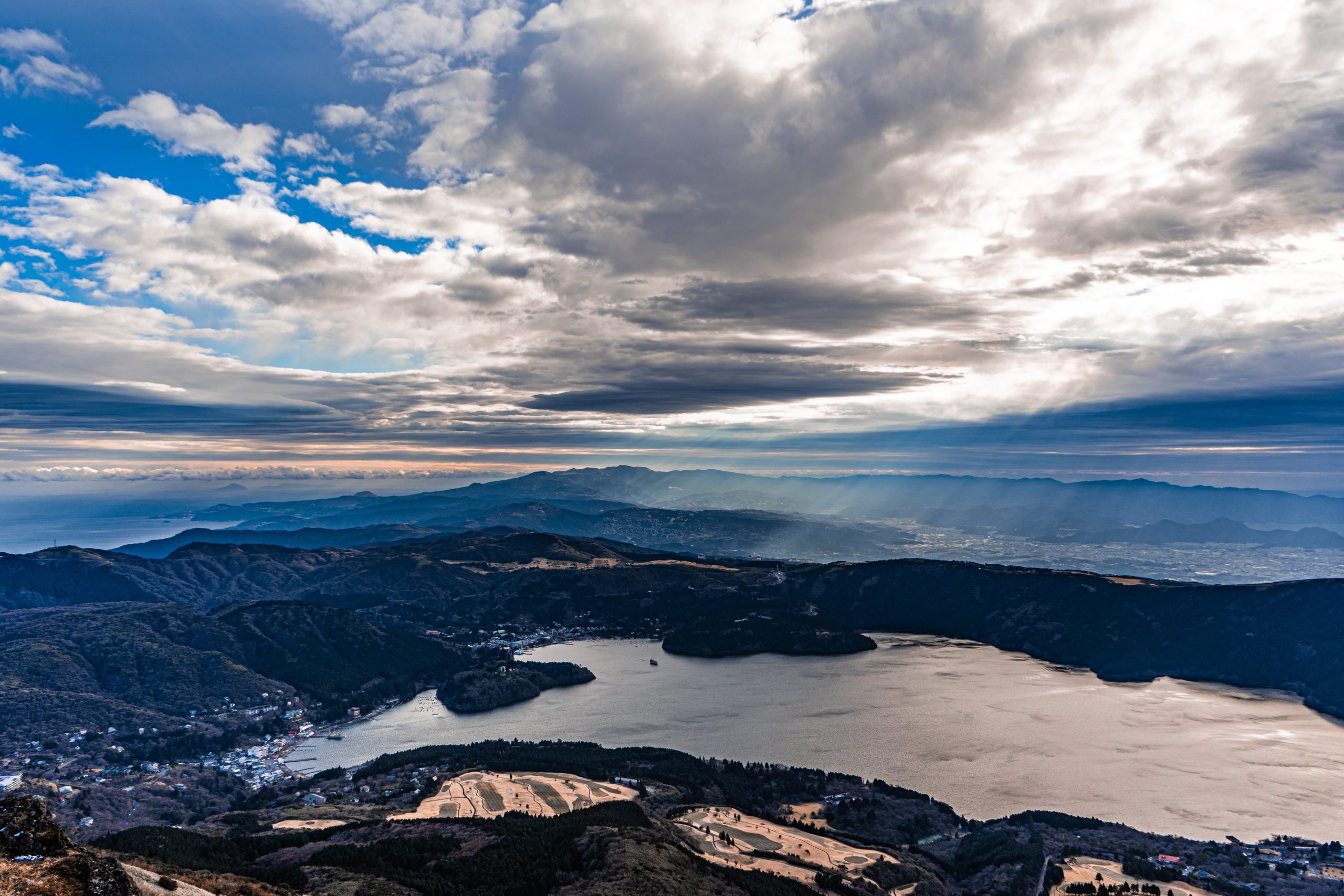 Beautiful aerial view of Lake Ashi in Hakone