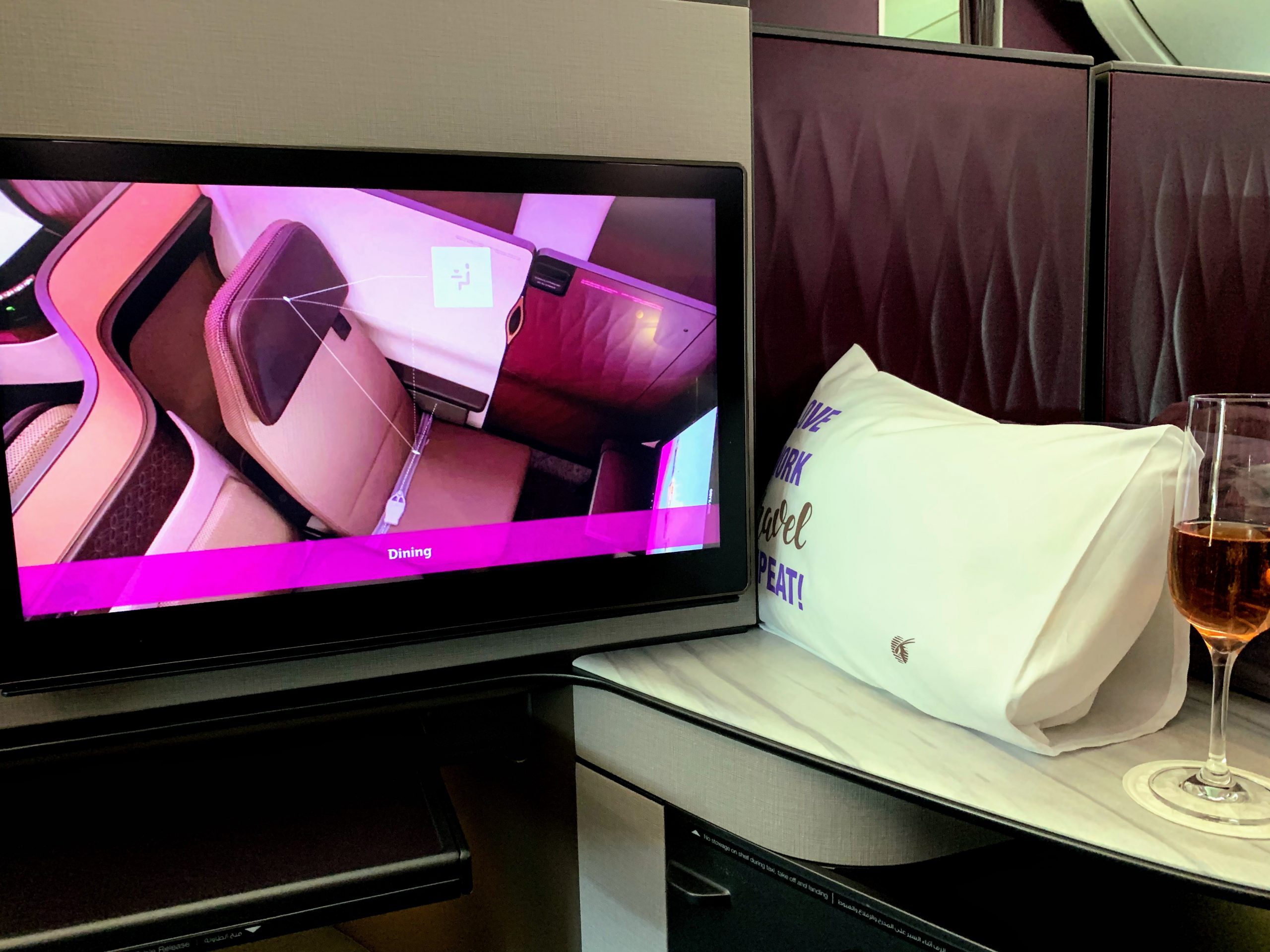 Beautiful Comfortable seats Qatar Airways and Champagne on arrival