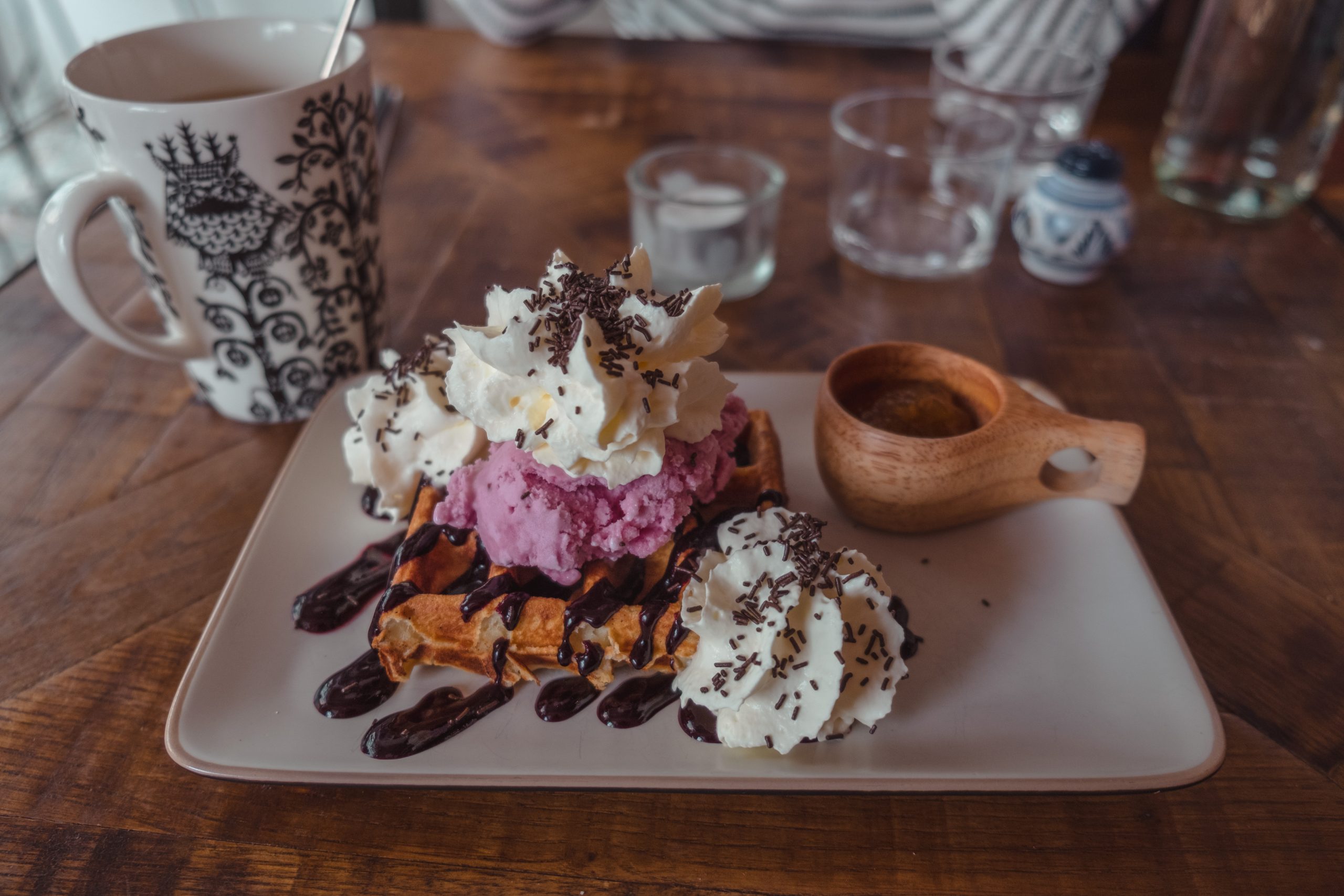Beautiful delicious waffle with jam in Finland