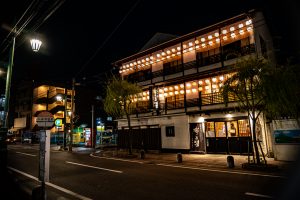 Beautiful entrance to Fukuoka onsen at night