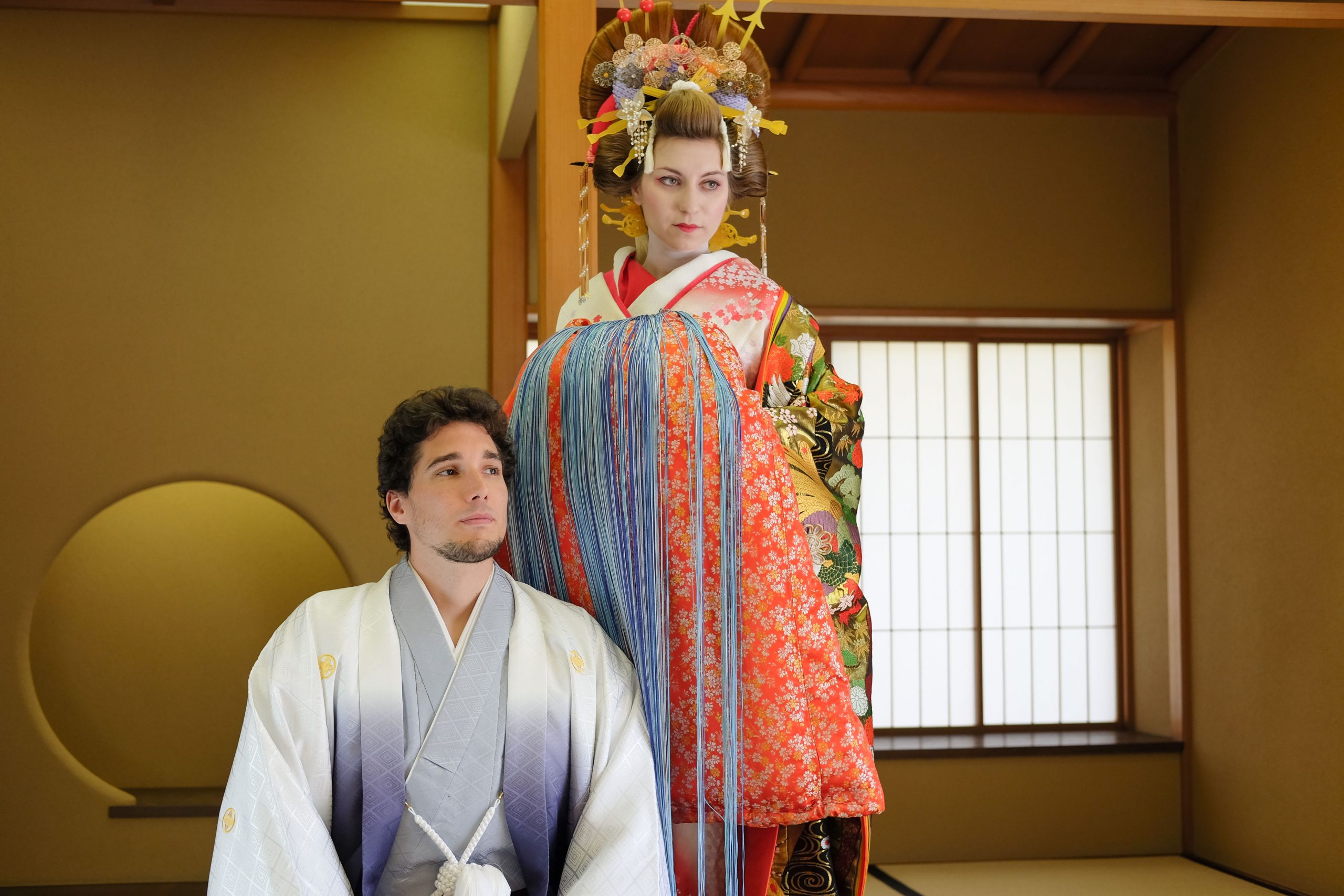 Cory and Greg from You Could Travel dressed as an oiran and samurai in Tokyo, Japan