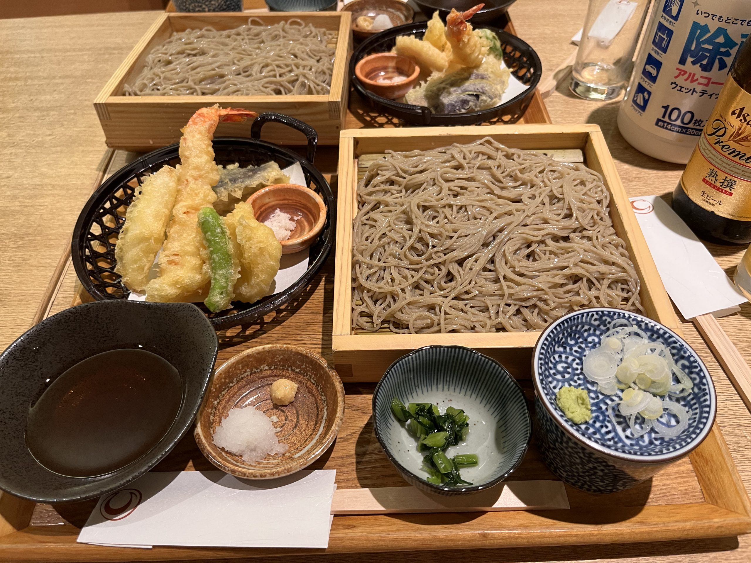Beautiful and delicious meal with tempura and sauce on the side in a restaurant in central Tokyo