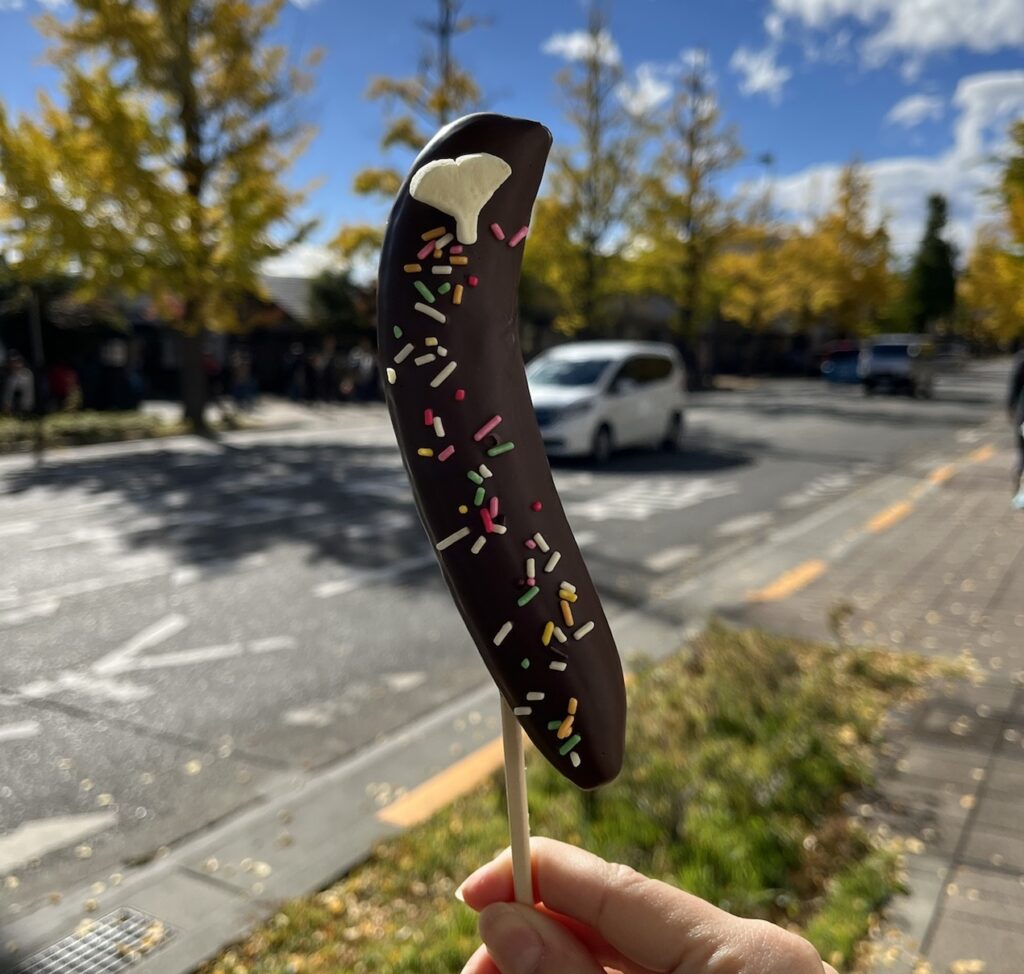 Chocobanana served on a stick as street food