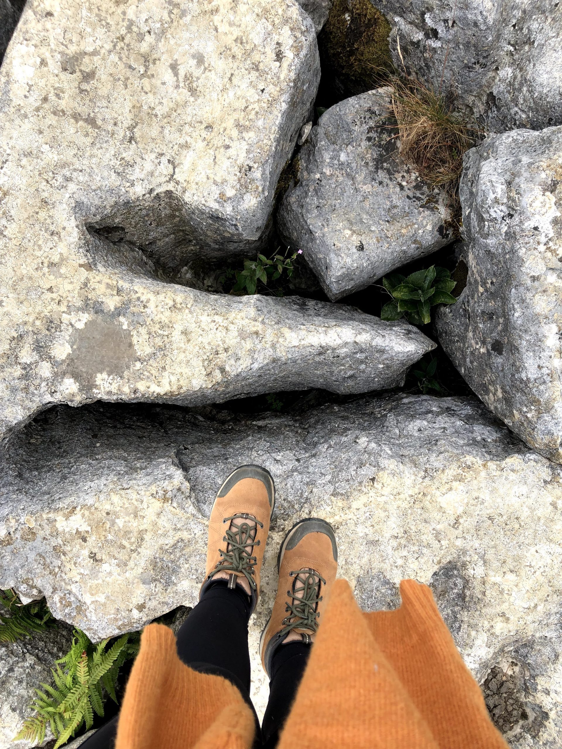Columbia hiking shoes on the limestone pavement Malham Cove Columbia hiking shoes on the limestone pavement Malham Cove