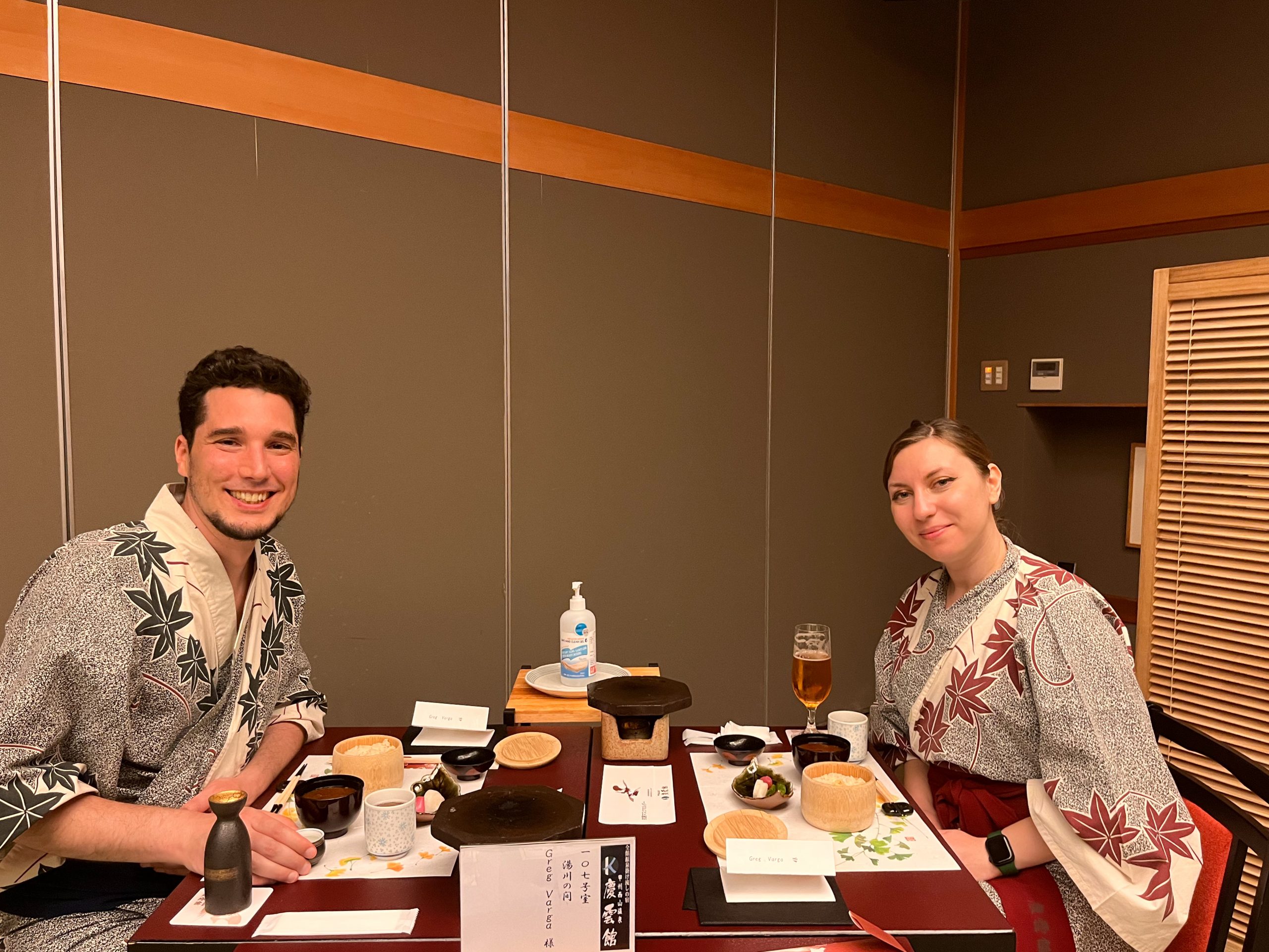 Cory and G from You Could Travel during dinner at Nishiyama onsen
