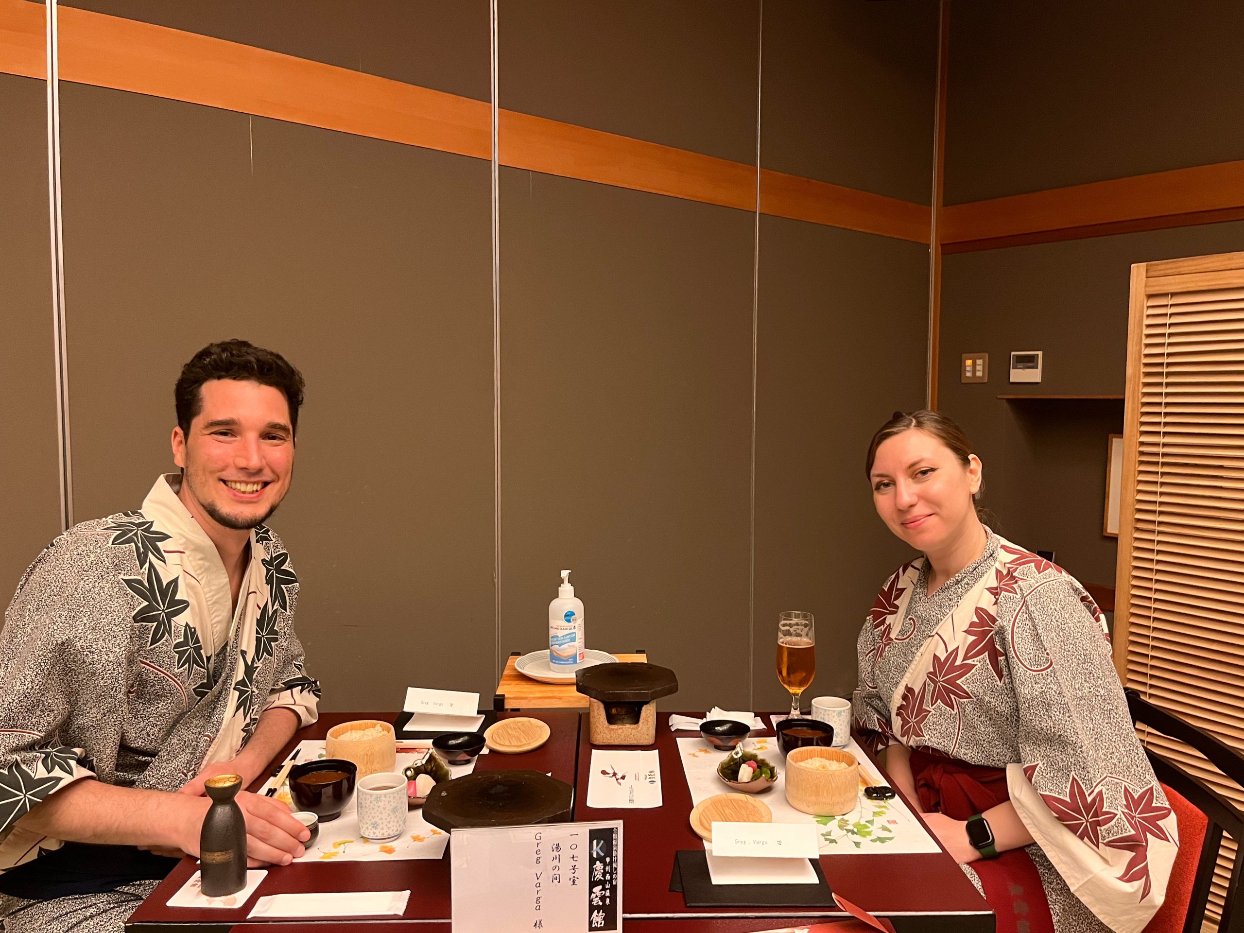 Cory and G from You Could Travel during dinner at Nishiyama onsen Cory and G from You Could Travel during dinner at Nishiyama onsen