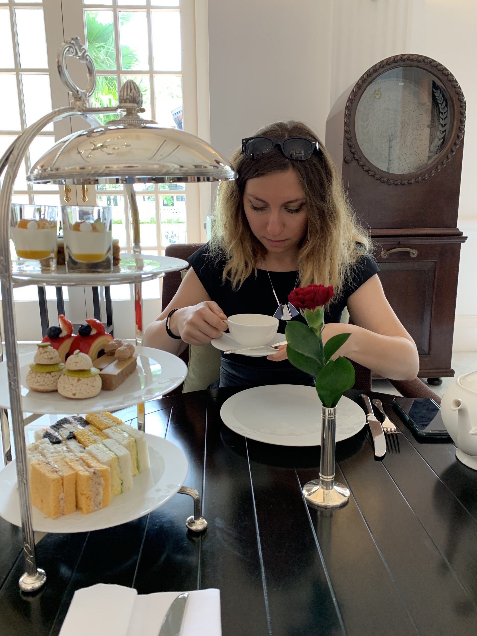 Cory enjoying her afternoon tea at Raffles Singapore