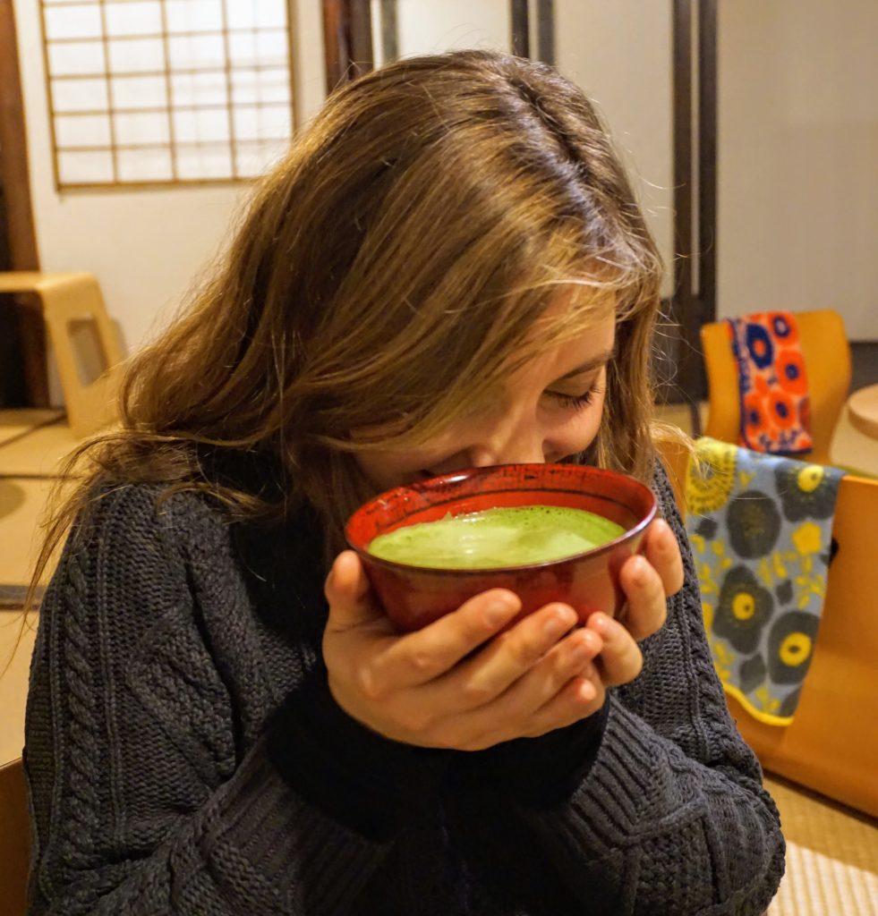 Cory enjoying her matcha tea after the tea ceremony