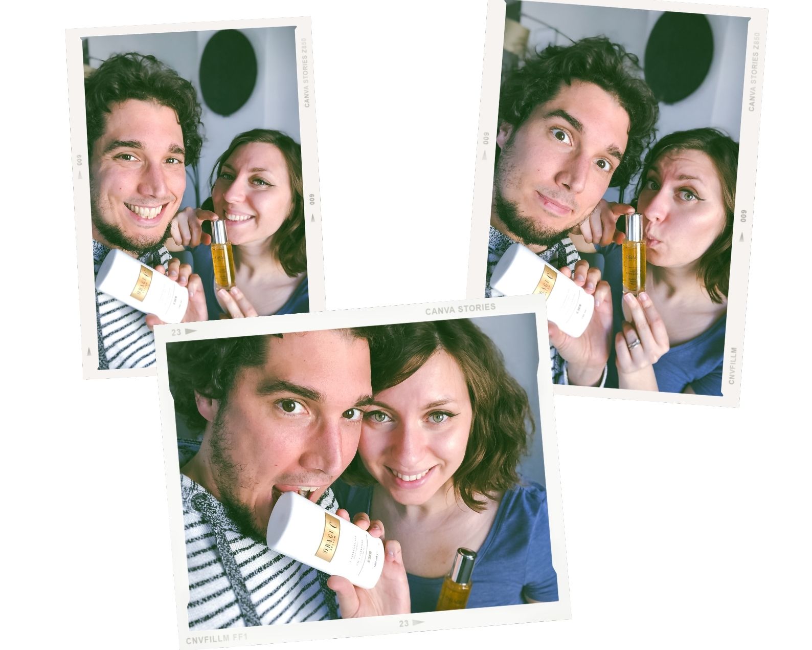 Cory and G in a photo collage with skin care products Cory and G in a photo collage with skin care products