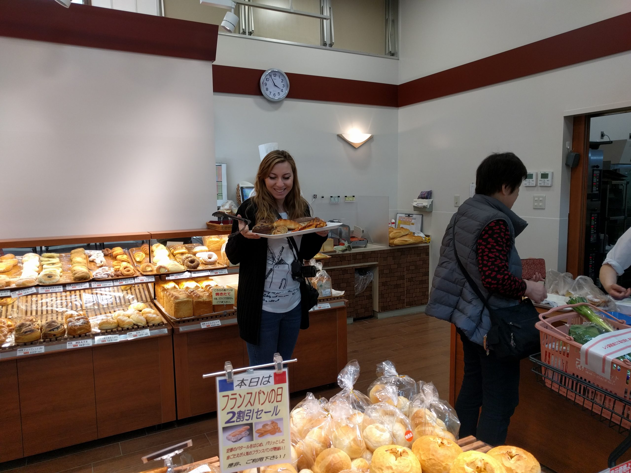 Cory really happy at Ogino supermarket on her way to Kawaguchijo LAke