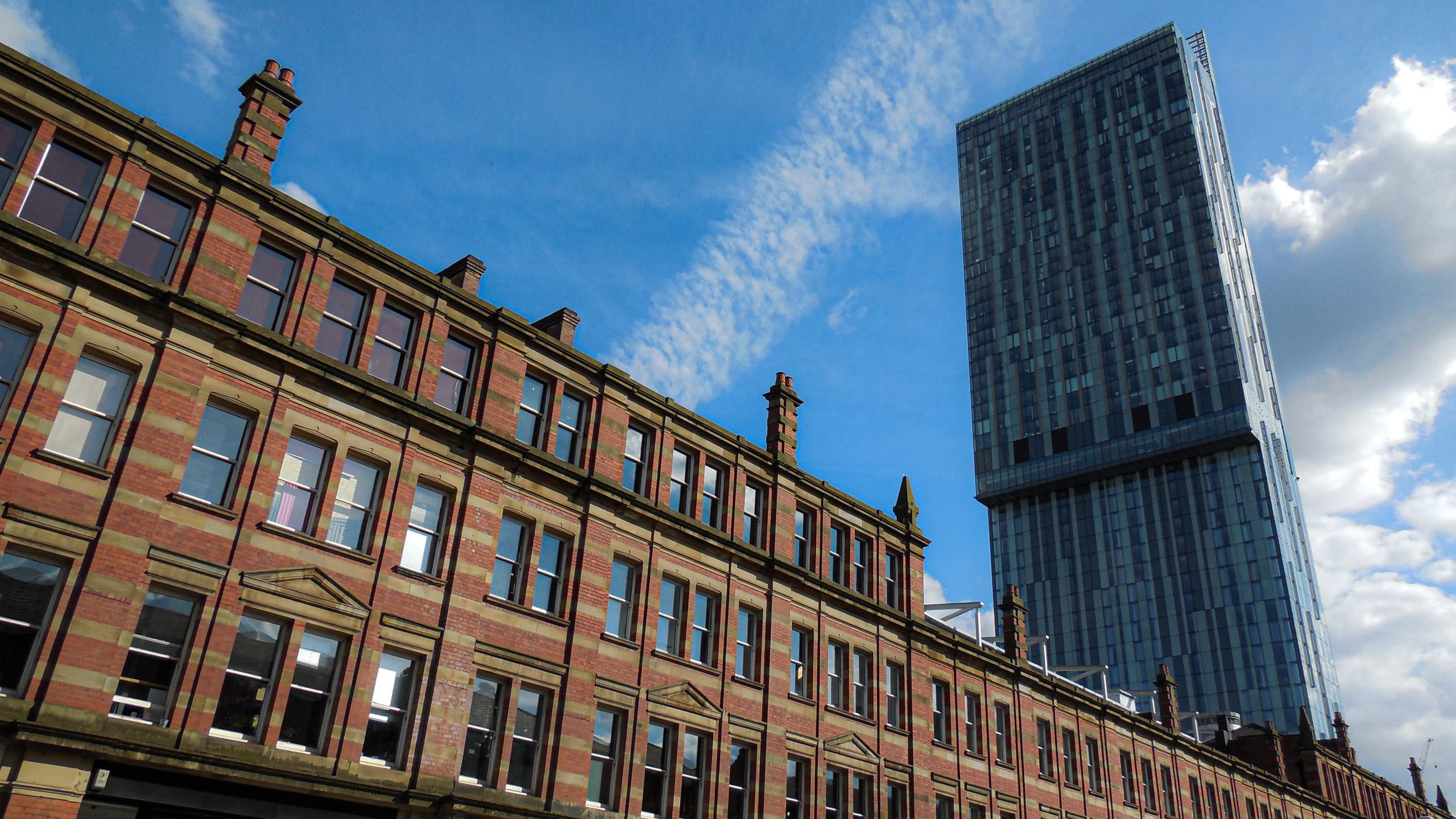 Deansgate with the iconic hilton hotel in Manchester