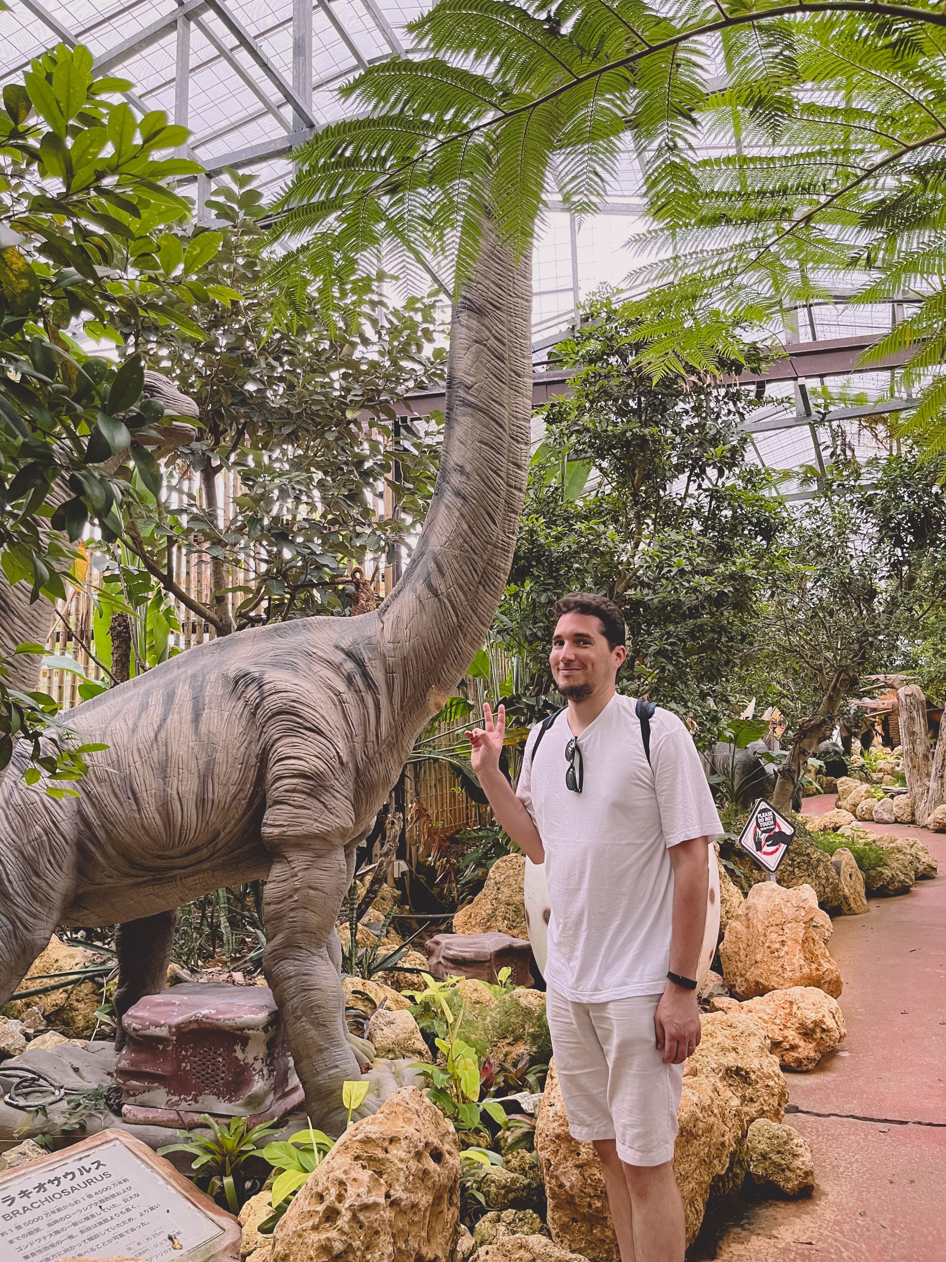 Greg being photographed at the Dino park adventure at Nago Pineapple Park