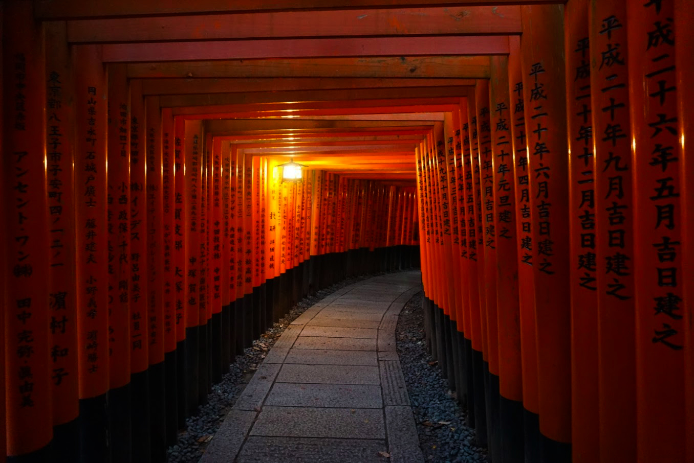 Fushimi Inari Shrine with its dim lantern light, enough to see the path ahead
