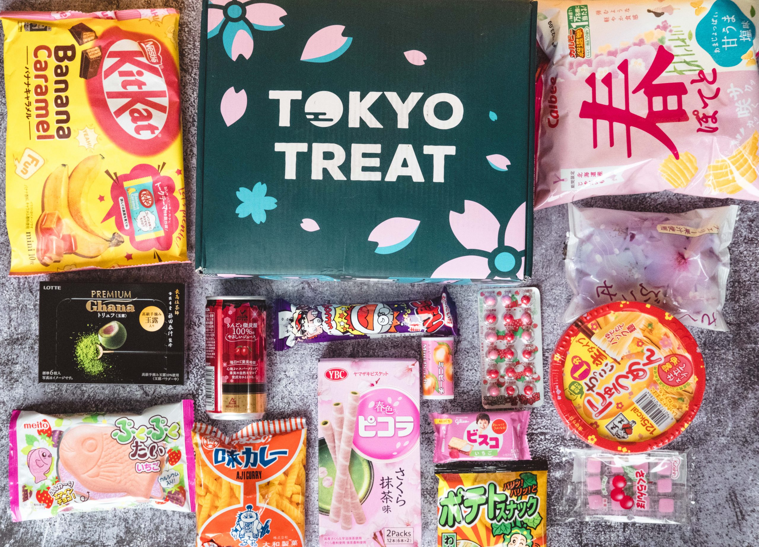 Flat lay of Tokyo Treat box and all of its contents