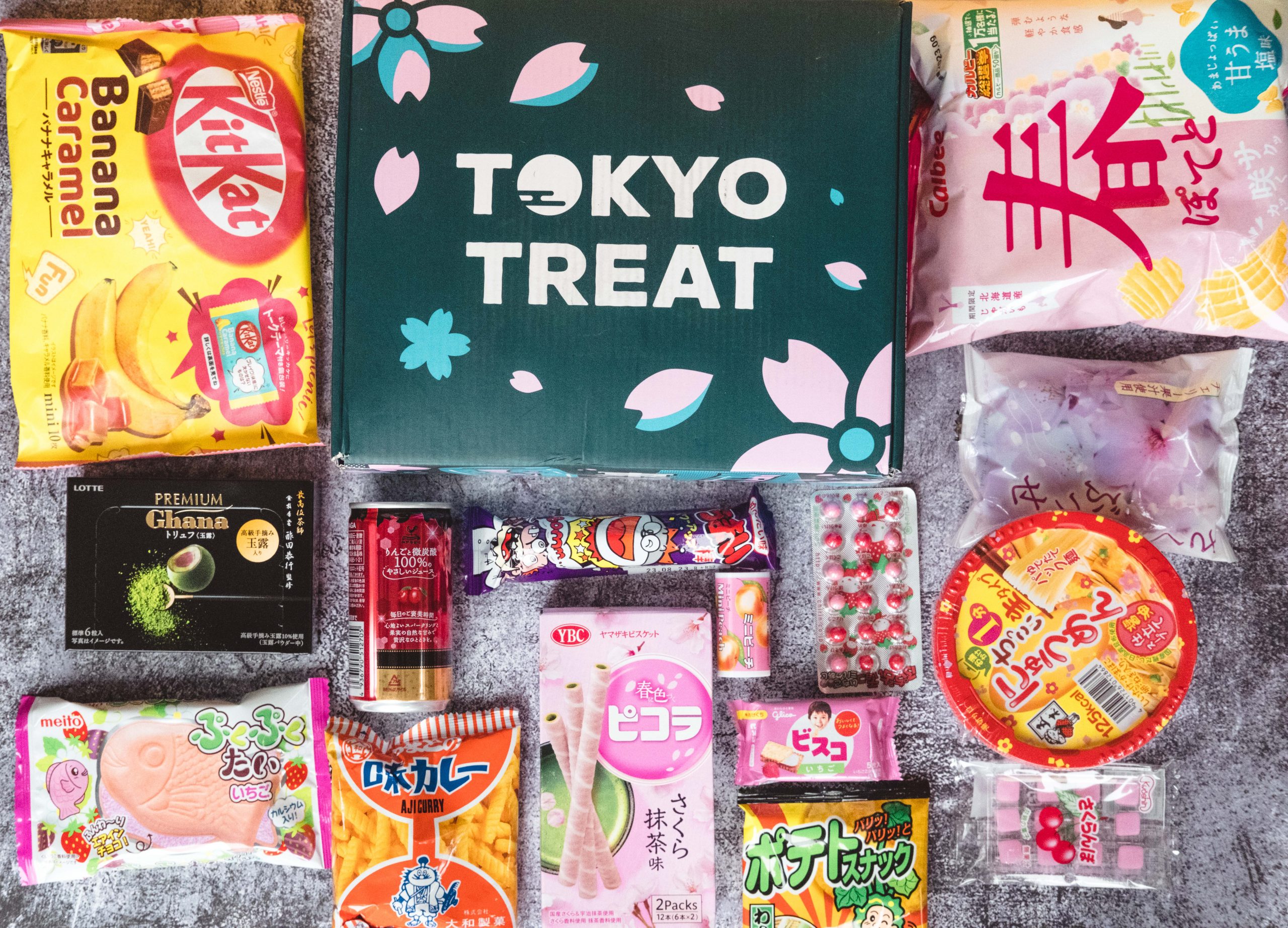 Flat lay of Tokyo Treat box and all of its contents Flat lay of Tokyo Treat box and all of its contents
