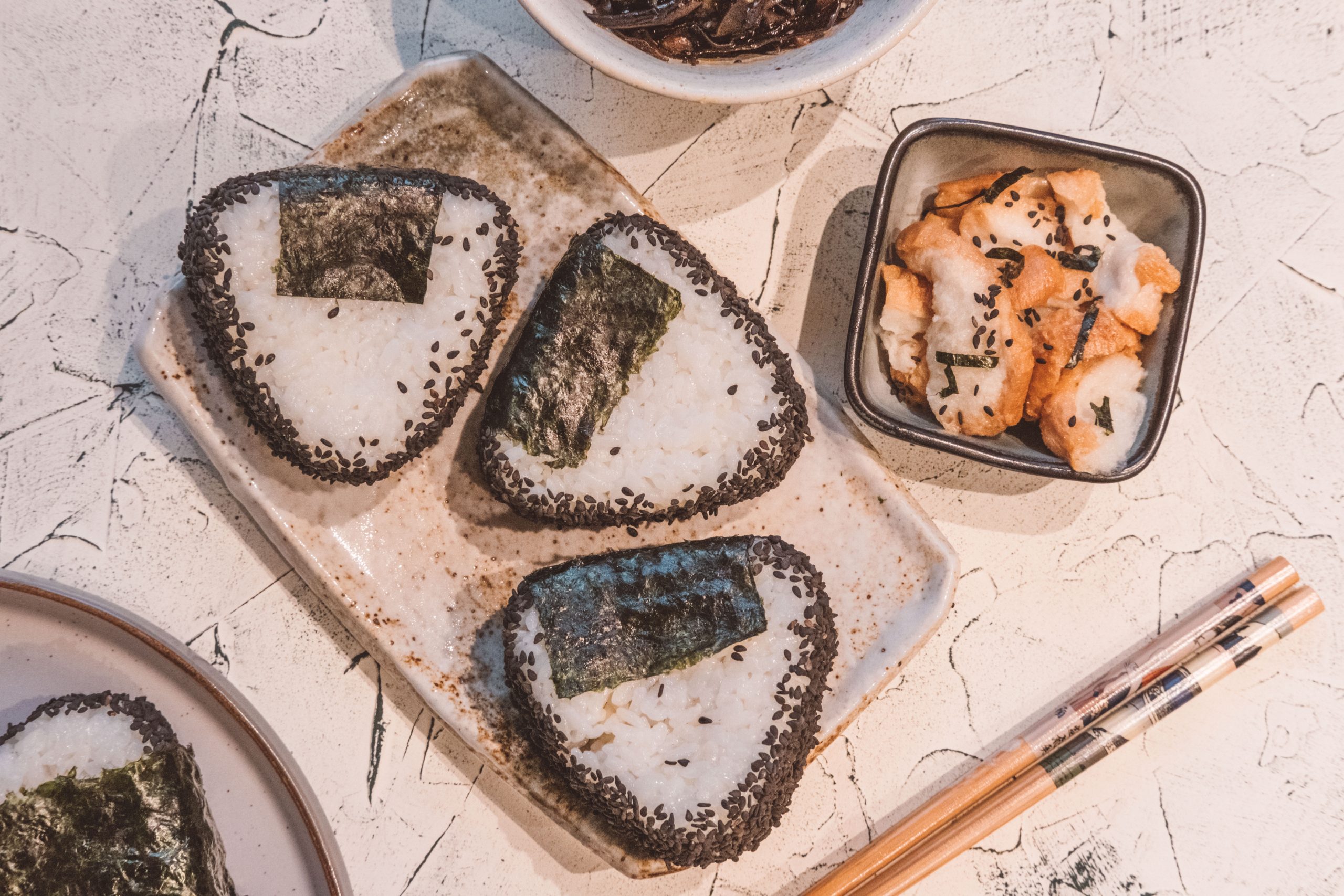 Fried fu in dashi with nori alongside my onigiri Fried fu in dashi with nori alongside my onigiri
