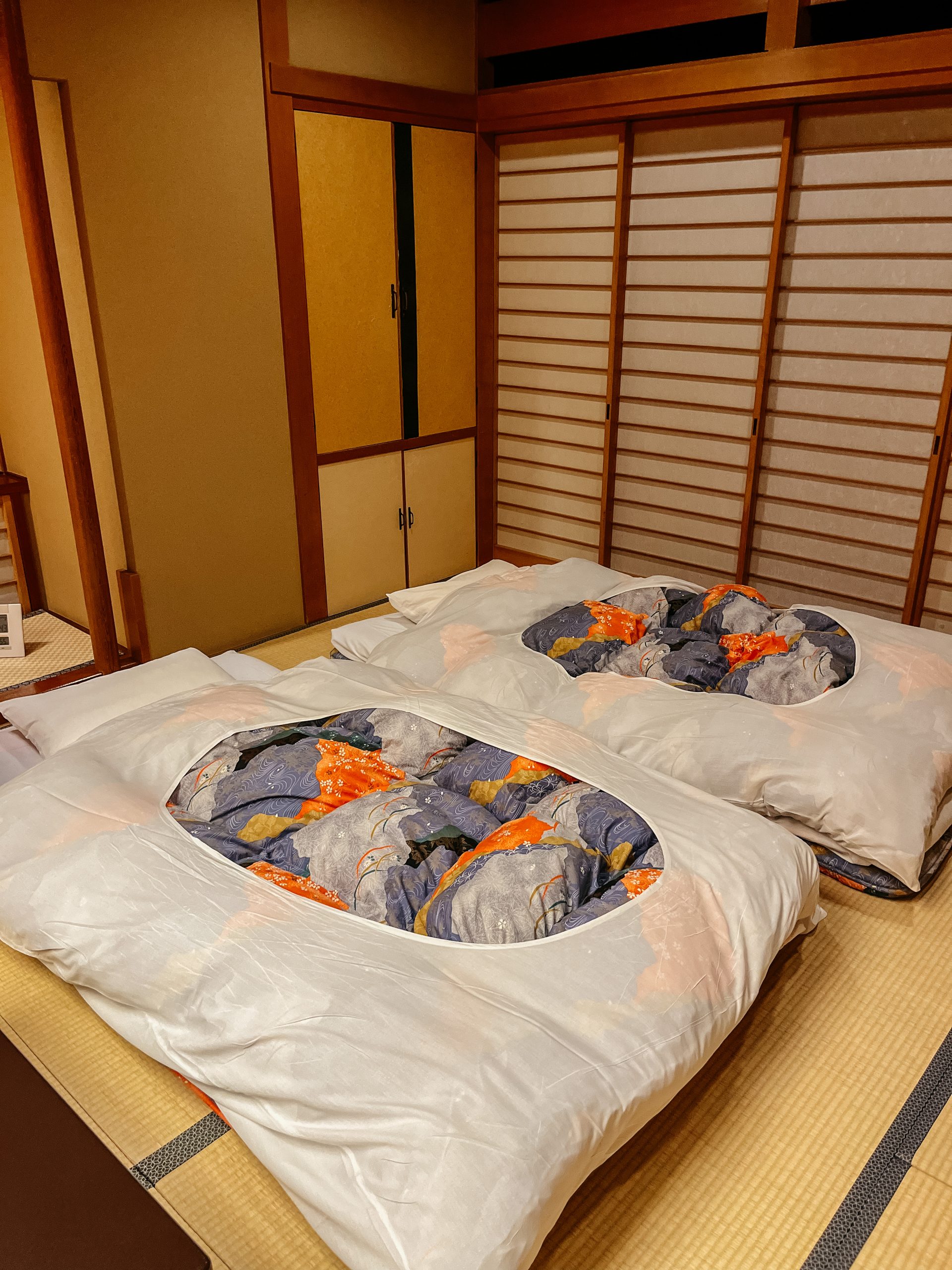 Futons with Japanese fluffy duvets on tatami