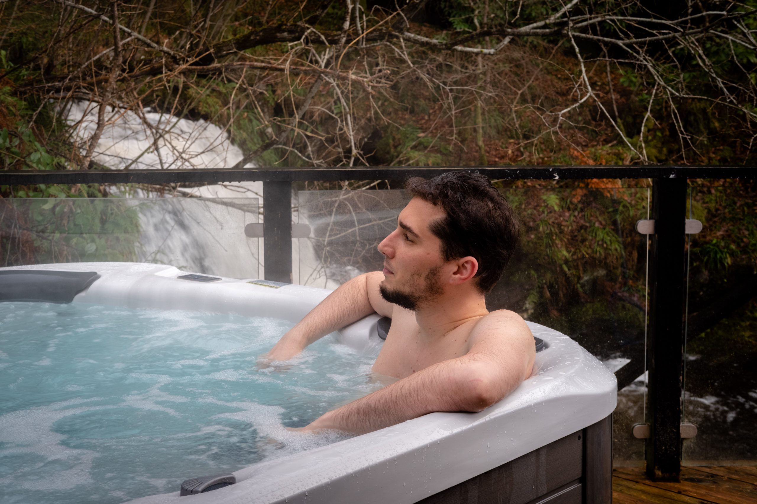 G chilling in the hot tub at the Loch Tay lodges