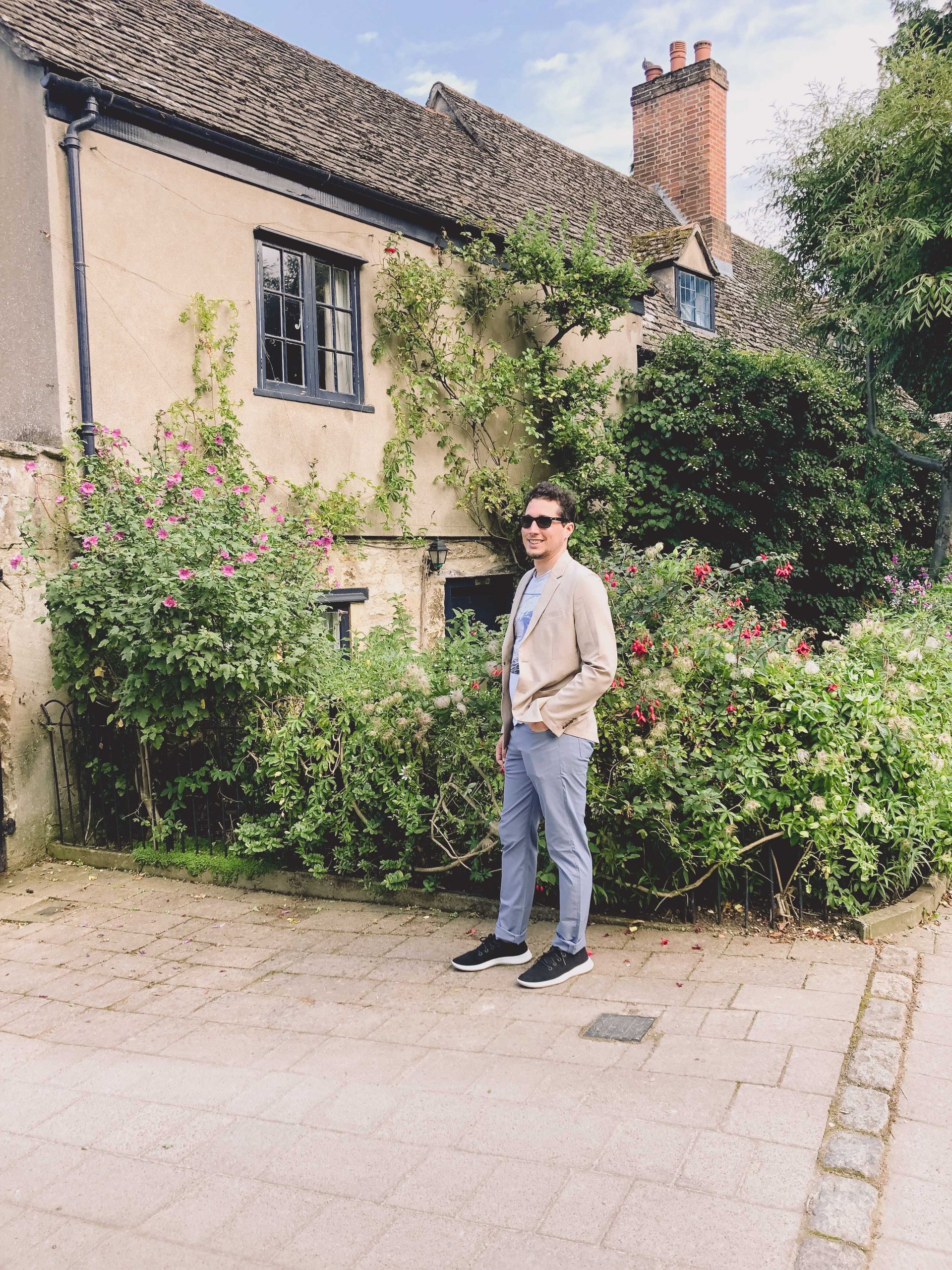 G wearing Bluffworks travel chinos in Oxford