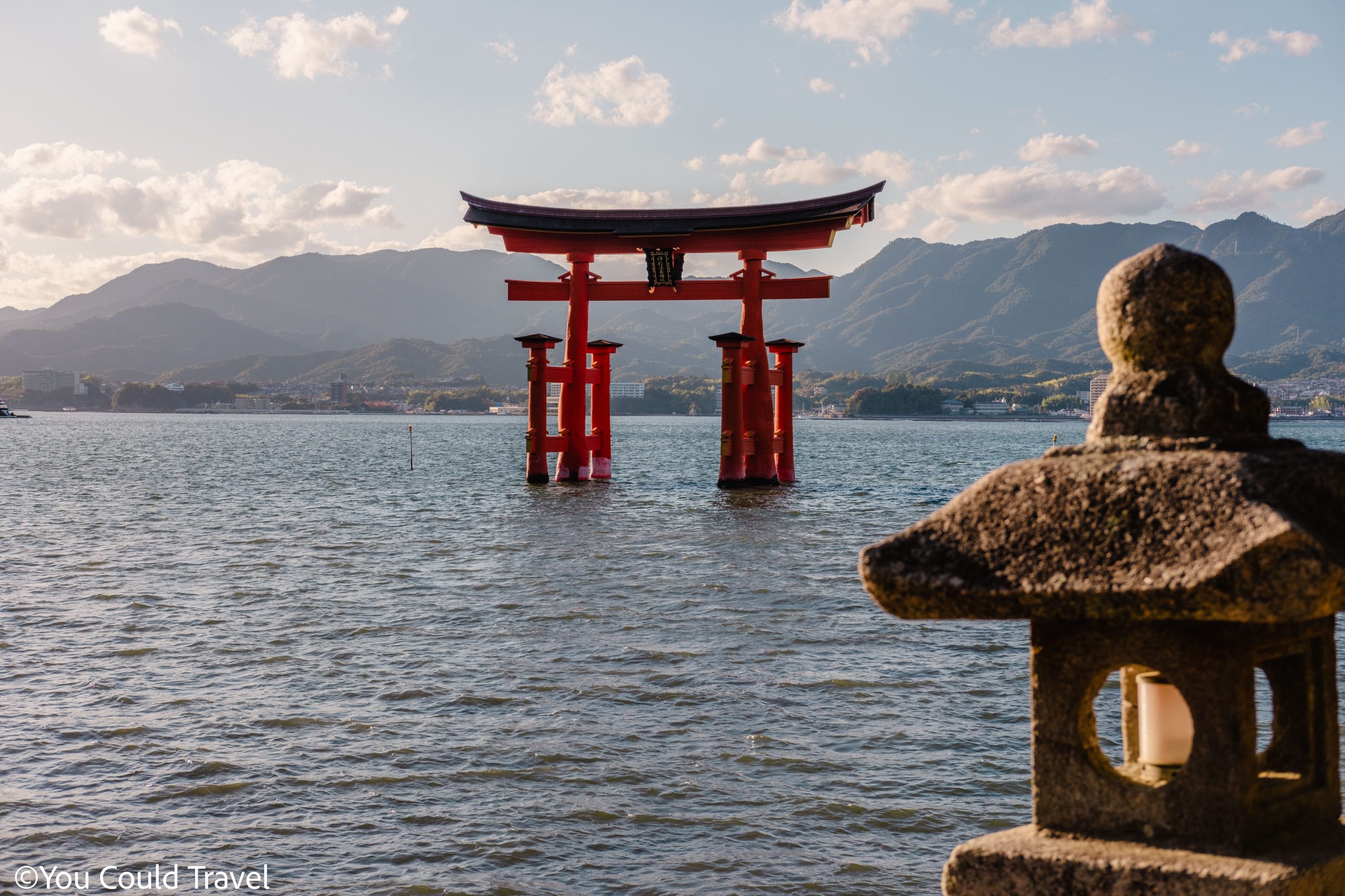 Gorgeous great torii on Miyajima island at sunset