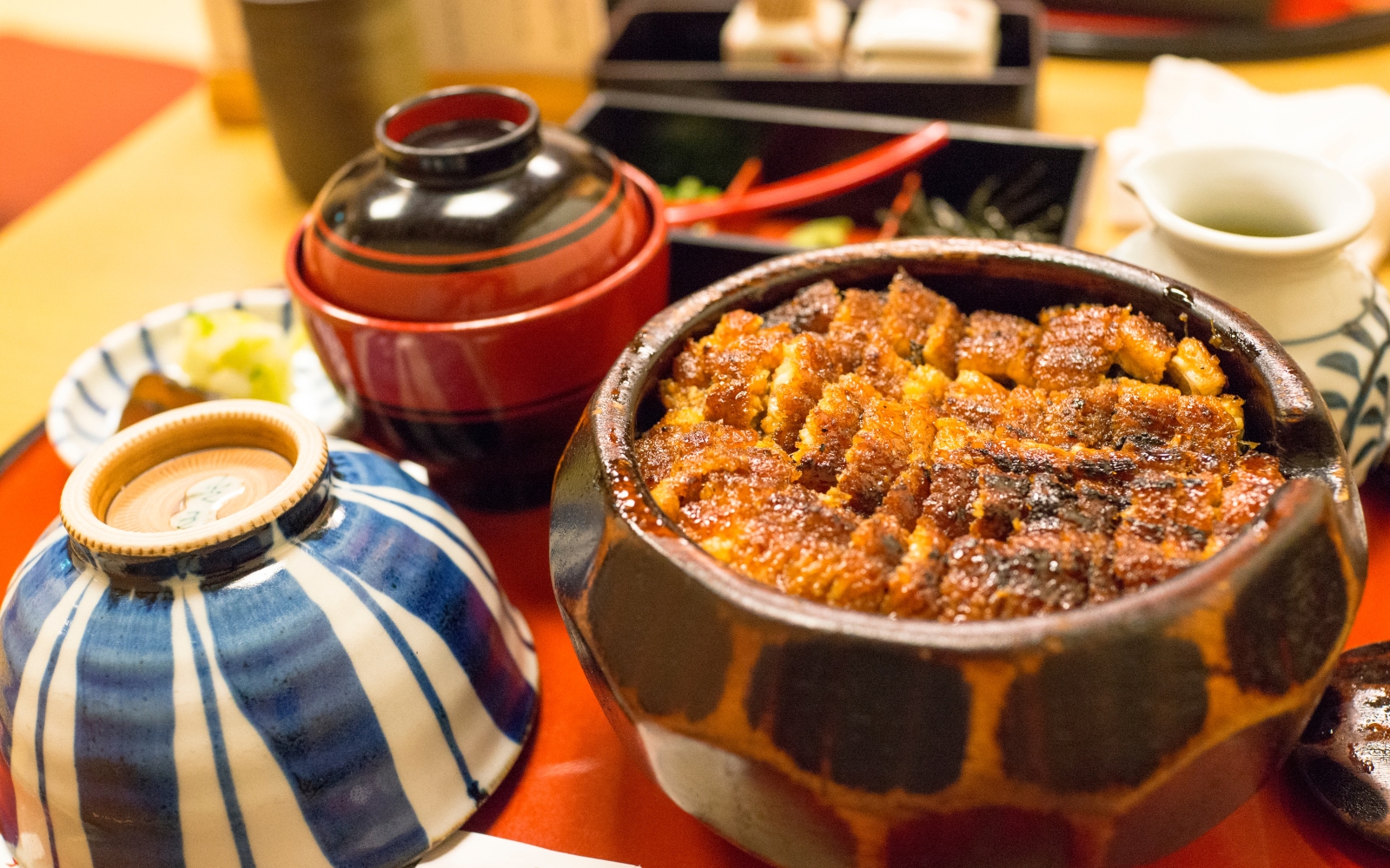 A bowl of Nagoya-style grilled eel with rice, known as hitsumabushi A bowl of Nagoya-style grilled eel with rice, known as hitsumabushi