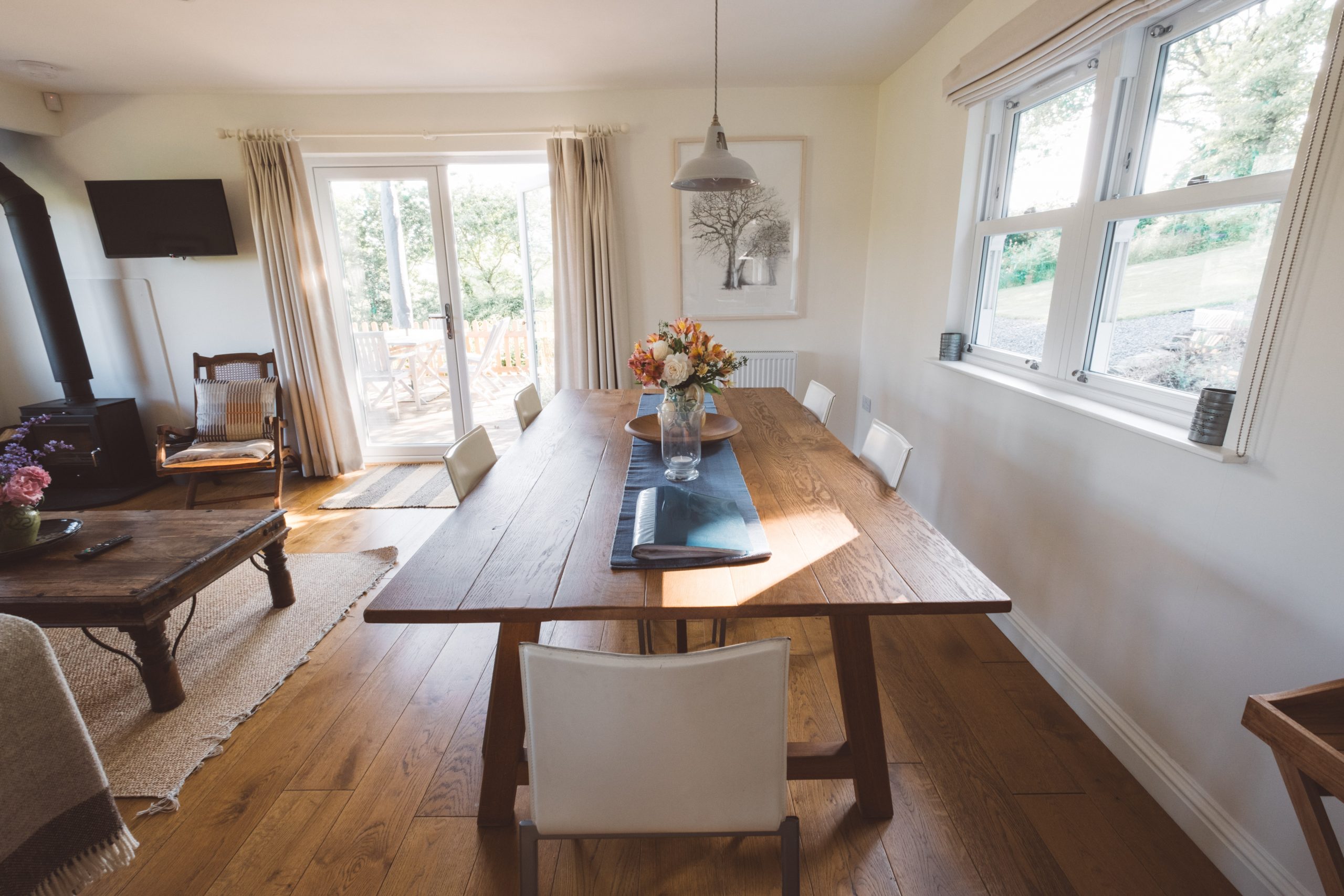 Inviting living space in our Bowden Wood scandi chalet in Devon