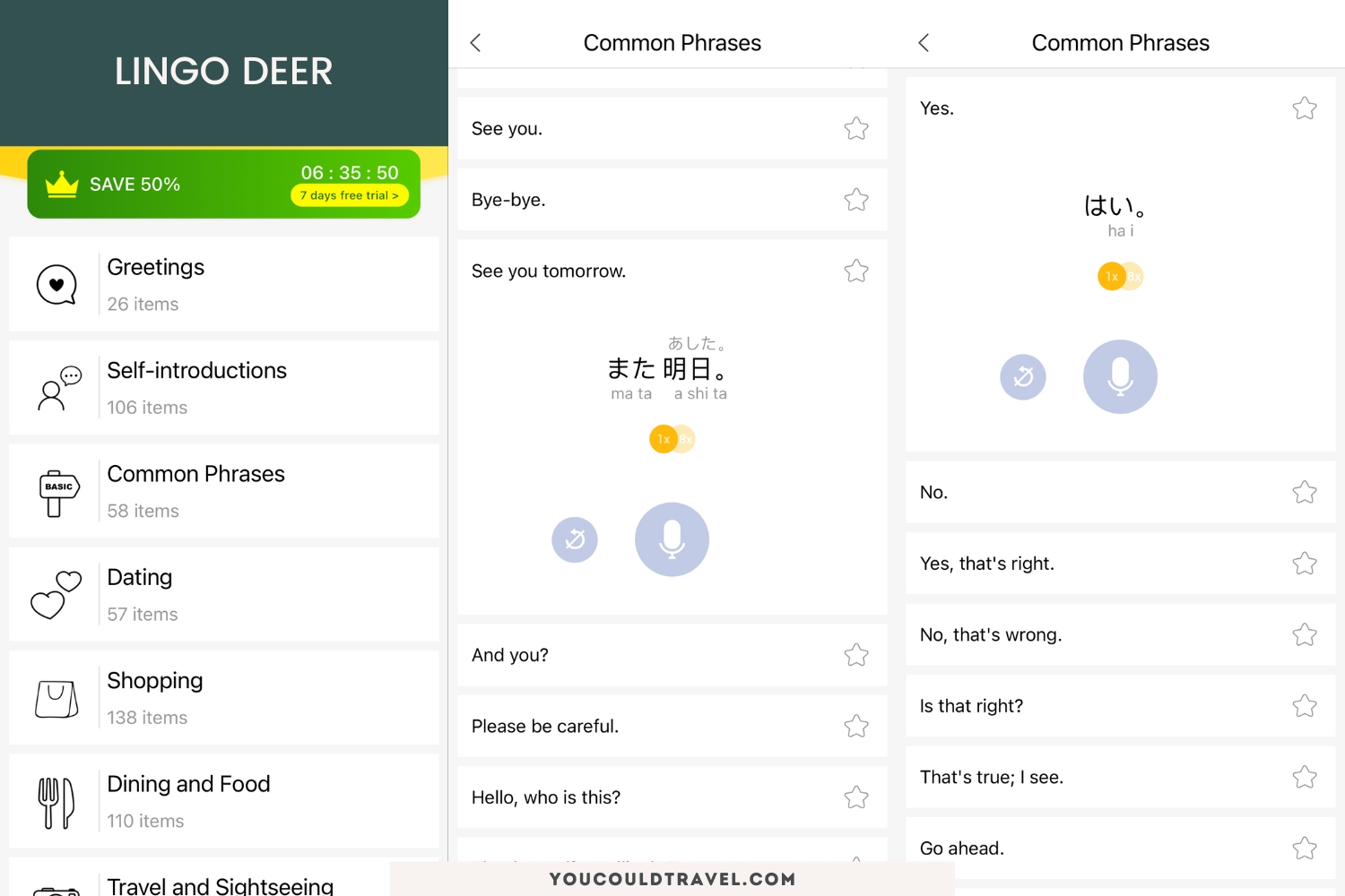 iOS screenshots of Lingo Deer app