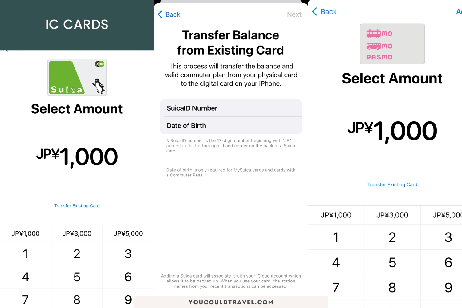 iOS Screenshots of Suica and PASMO in digital payment