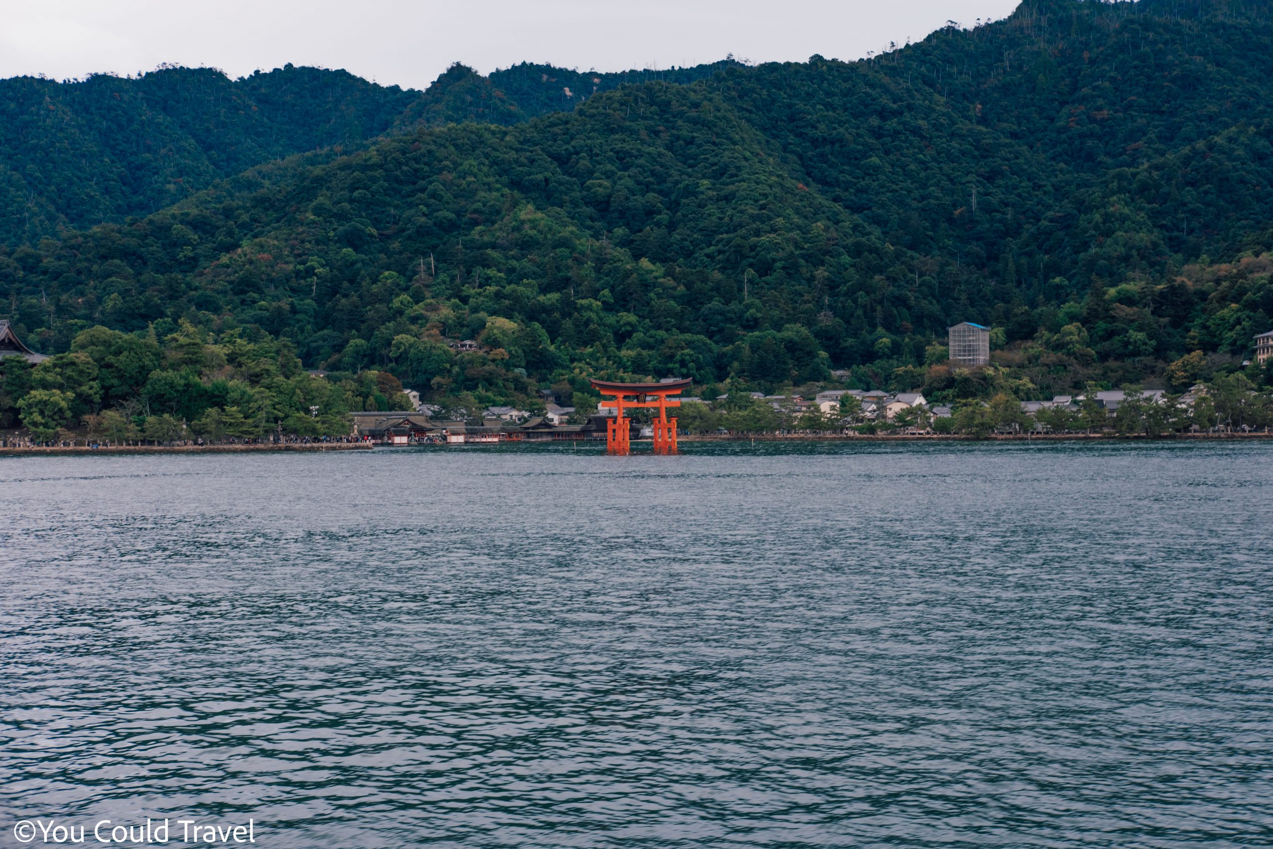 Itsukushima shrine with the Great Torii as seen from the JR Ferry