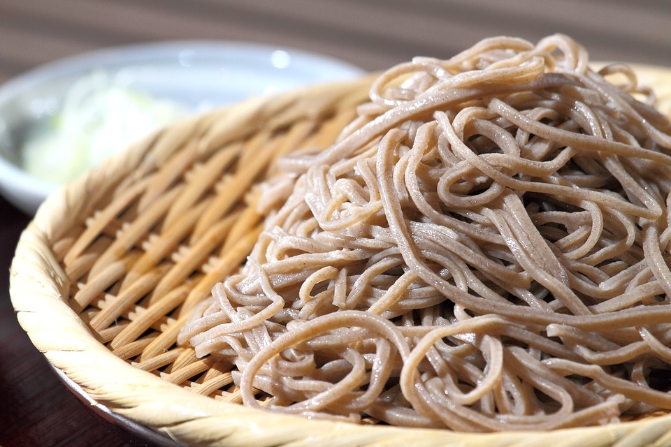Japanese soba noddles dish Japanese soba noodles, served on zaru, a bamboo mat