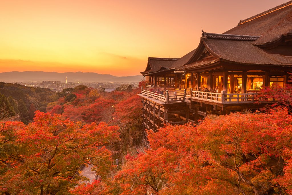 kiyomizu-dera temple at sunset in Kyoto, Japan