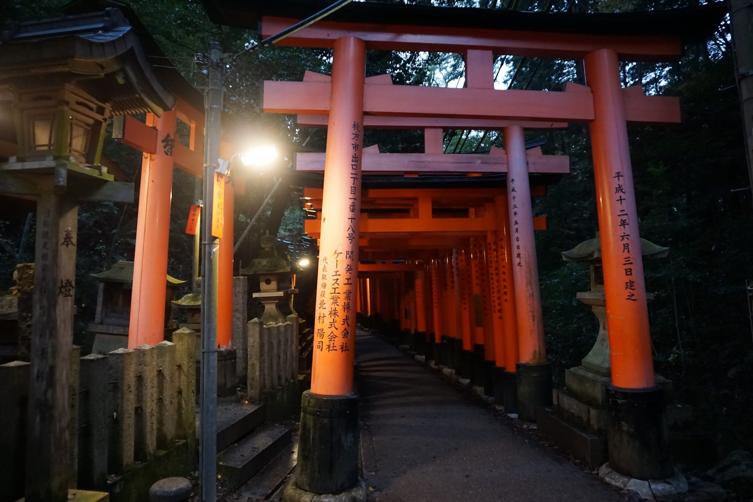 Large torii gate at Fushimi Inari Shrine with donor name written on it