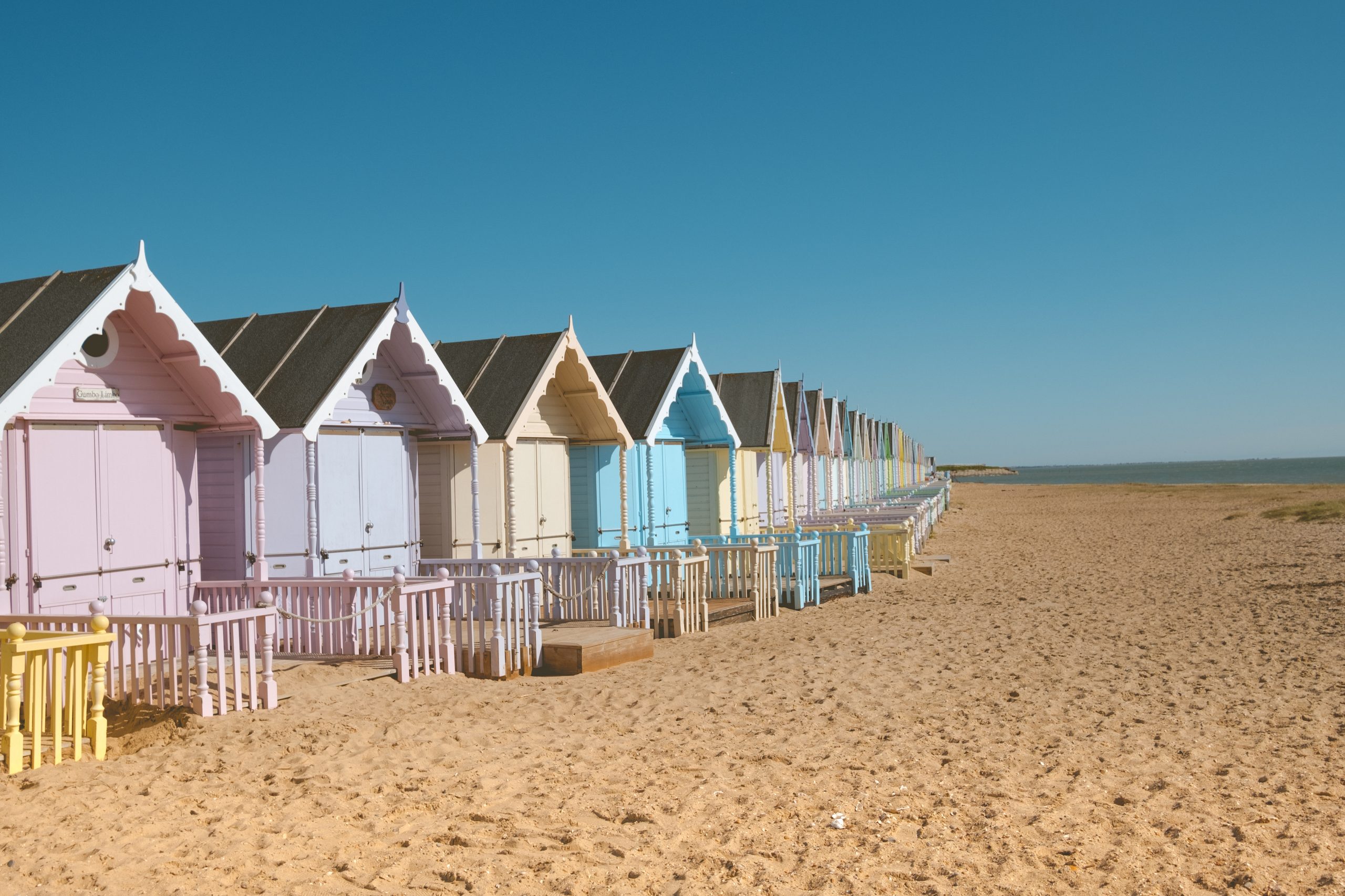 Mersea island with colourful huts on the beach