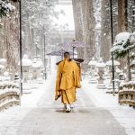 Monks walking toward Torodo Hall, Okunoin, Koyasan