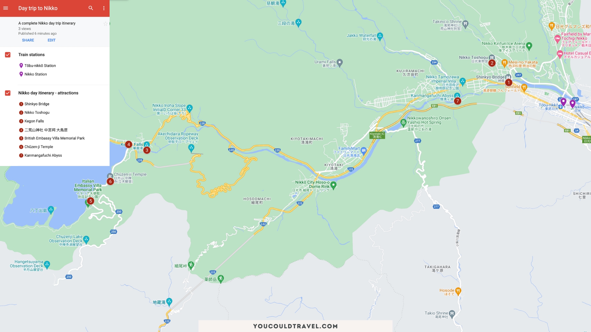 Nikko day trip itinerary map Nikko day trip itinerary map