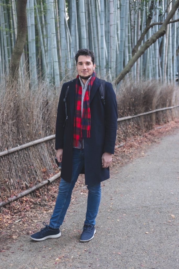 Photographing Greg with the Arashiyama bamboo forest in the background