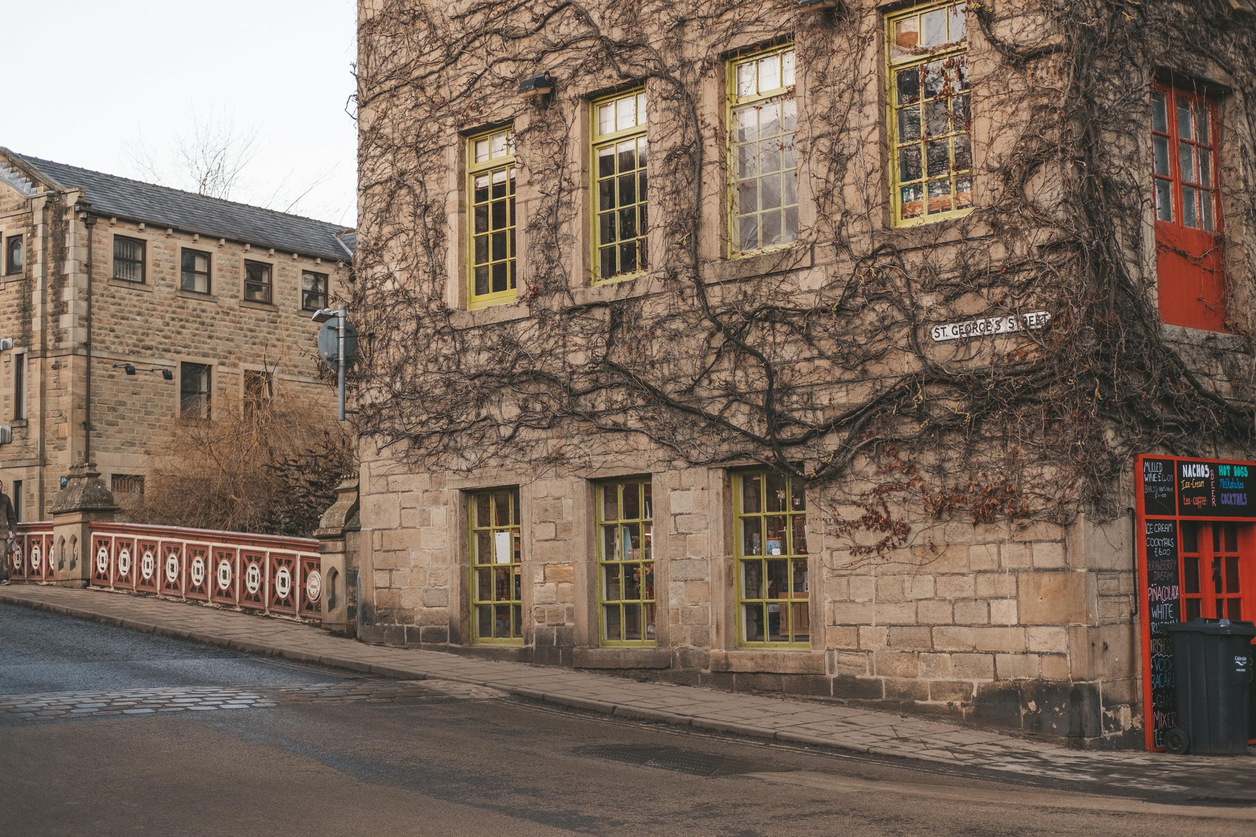 Quaint street with restaurants and gift shops in Hebden Bridge