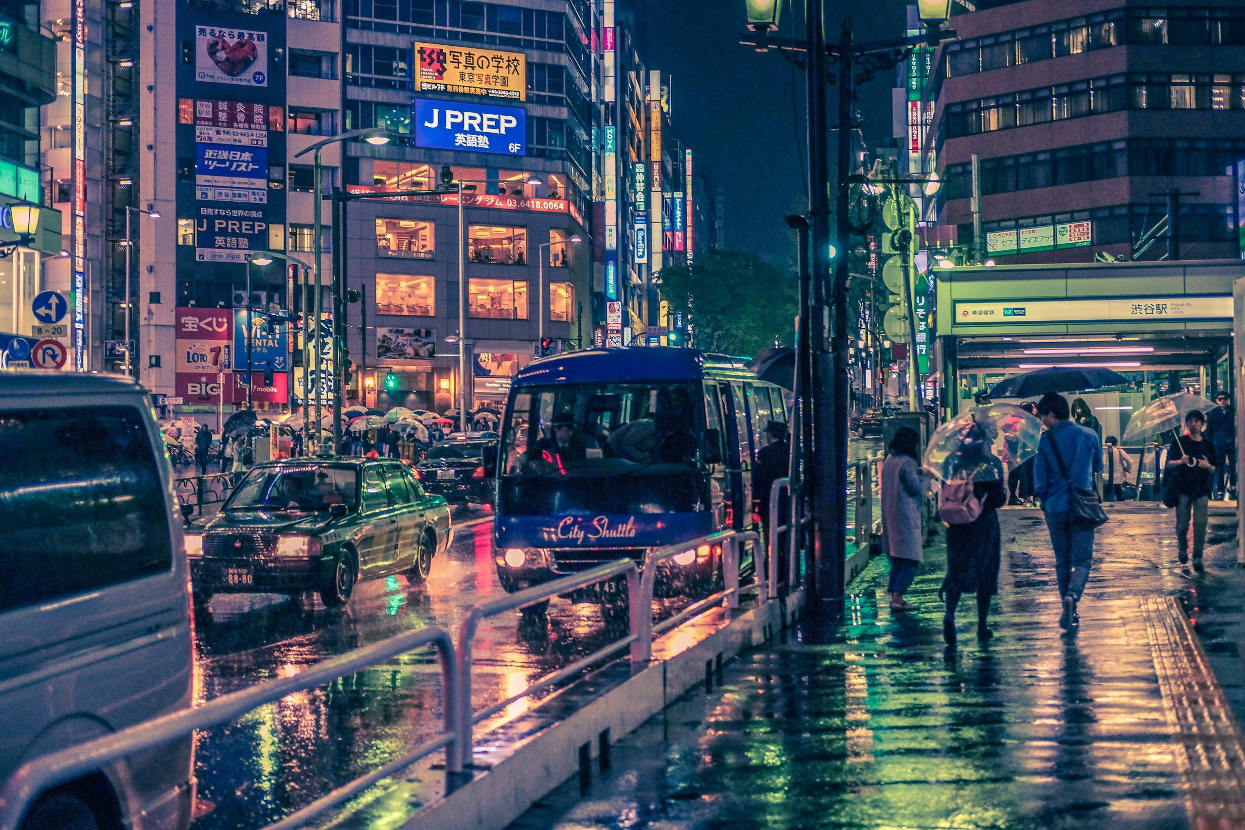 Reflections night time rain Tokyo