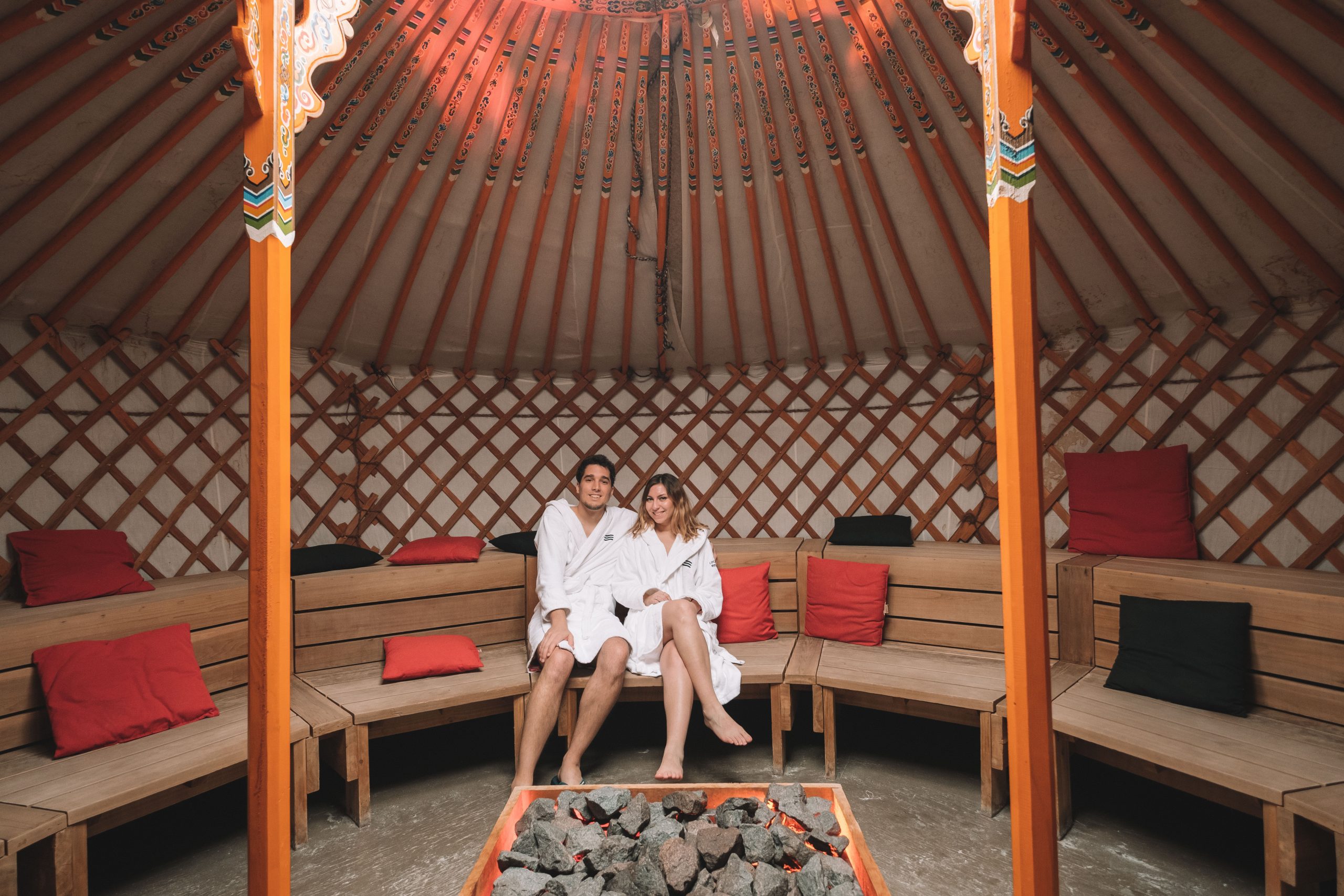 Relaxing in Le Nordik in the traditional yurt