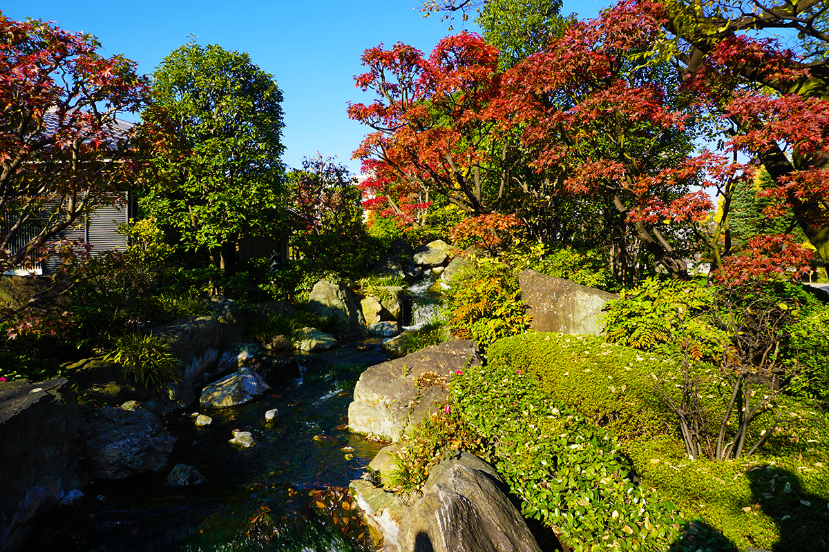 Senso-ji temple grounds Beautiful landscaped gardens with a small river and koi fish at Semnsoji