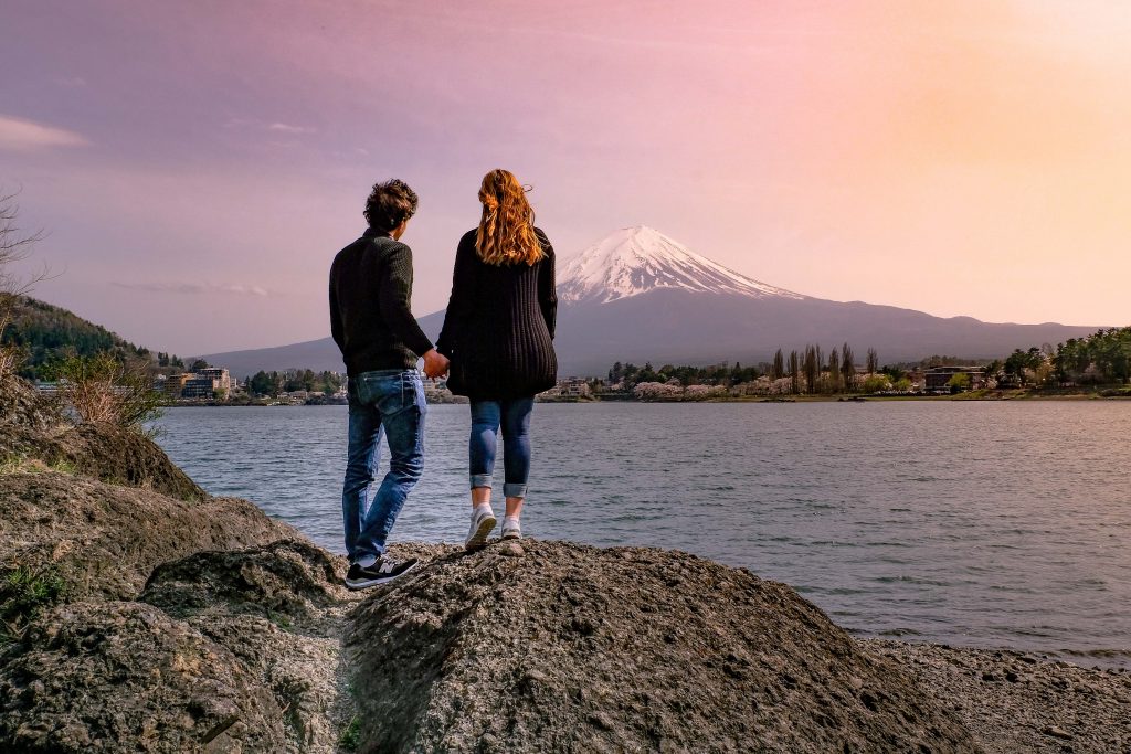 Cory and Greg seeing Mount Fuji-san at sunset, one of the best things to do in Japan