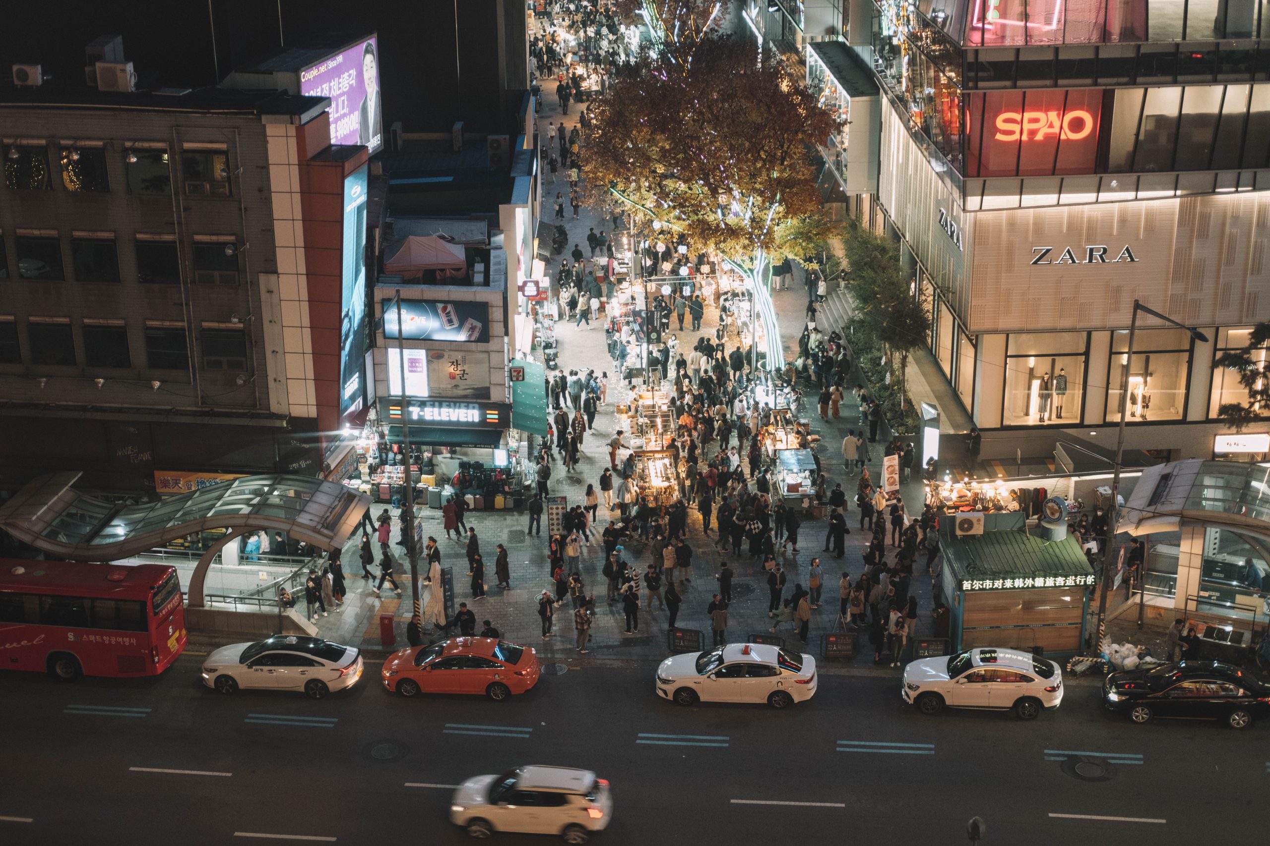 Seoul street at night in the Myeongdong area