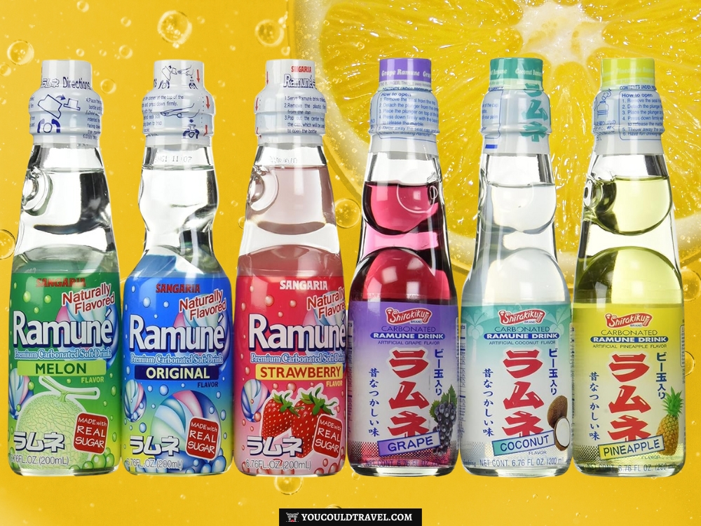 Several bottles of authentic ramune with different flavours