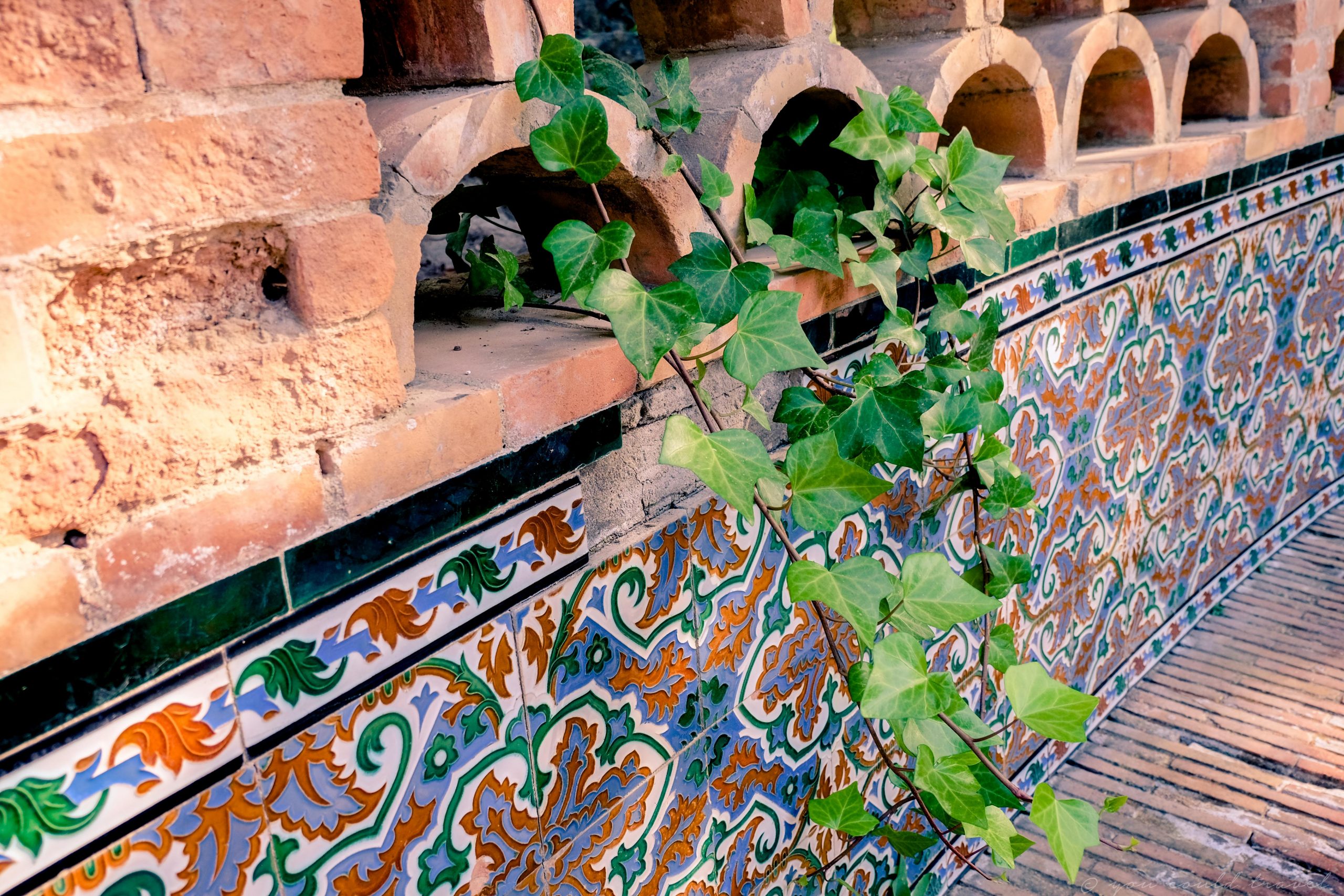 Poison ivy through beautiful arches surrounded by wonderful Spanish tiles