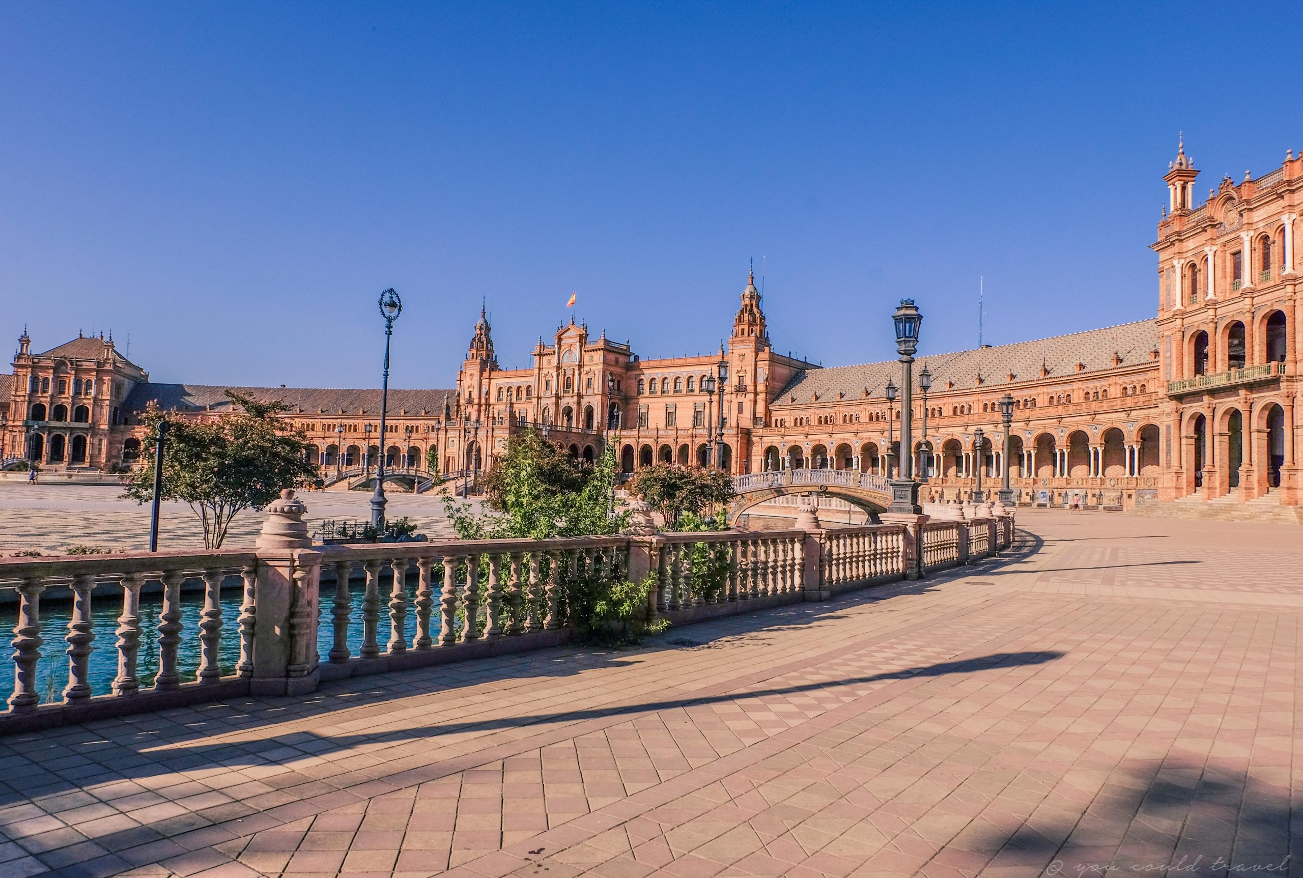 Sunny Seville with its beautiful plaza de Espana, a well know place to visit