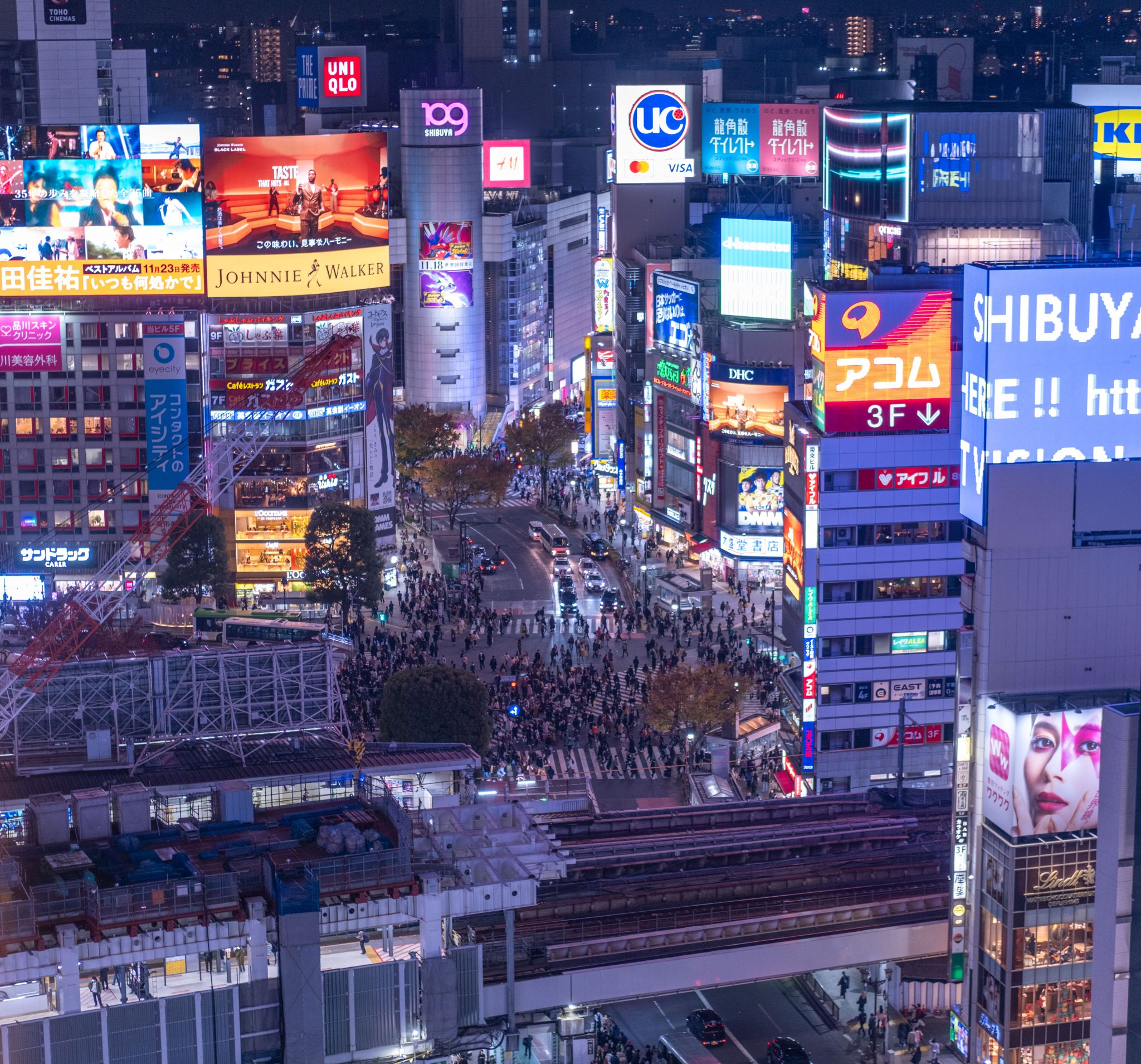 Shibuya Crossing at night from Hikarie building Tokyo